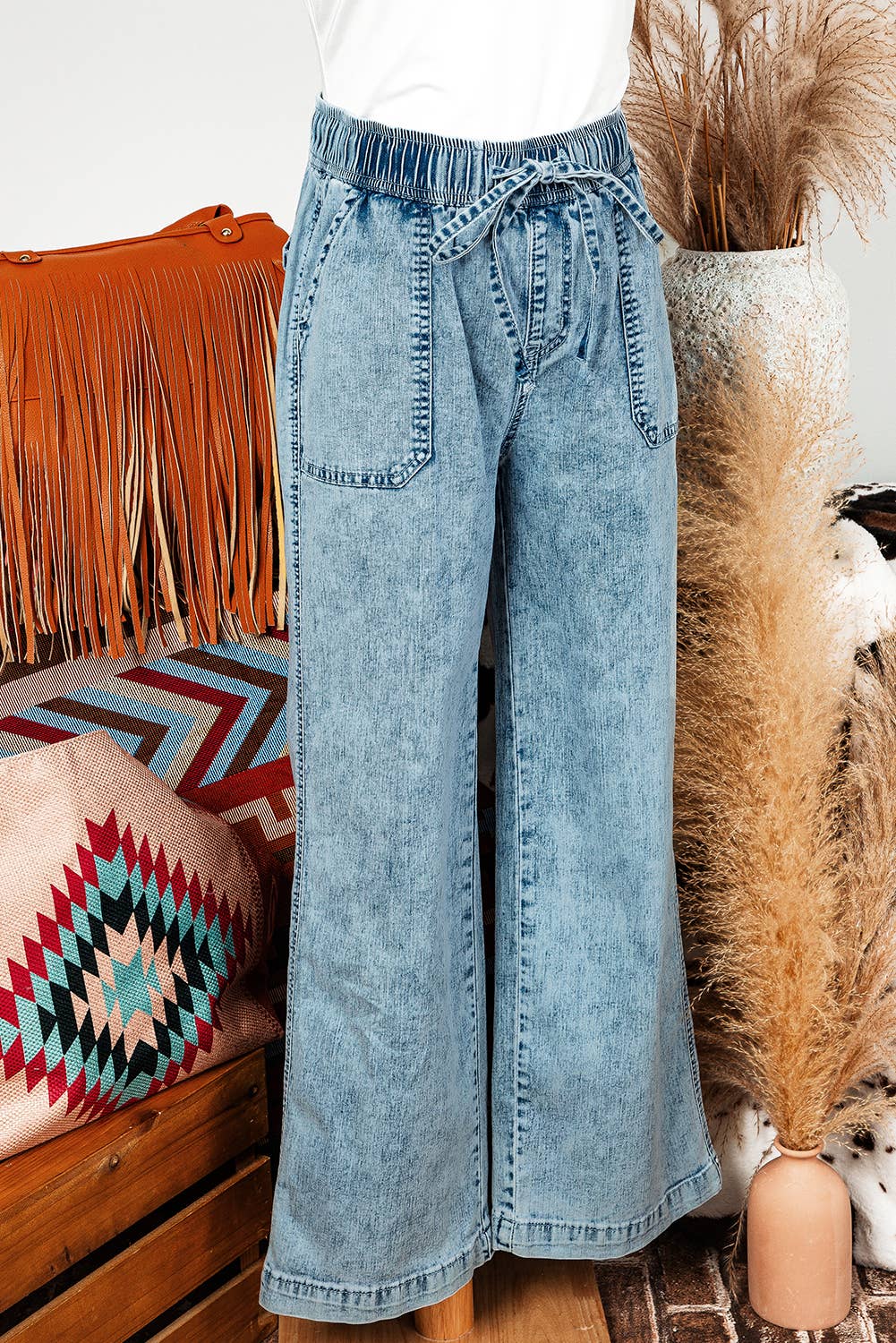 Fall Mineral Wash Drawstring Loose Straight Denim Pants