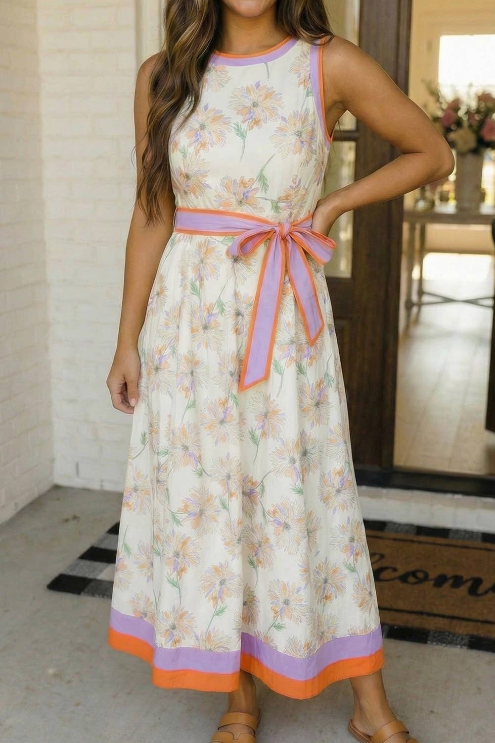Floral Print Color Block Trim Belted Maxi Dress