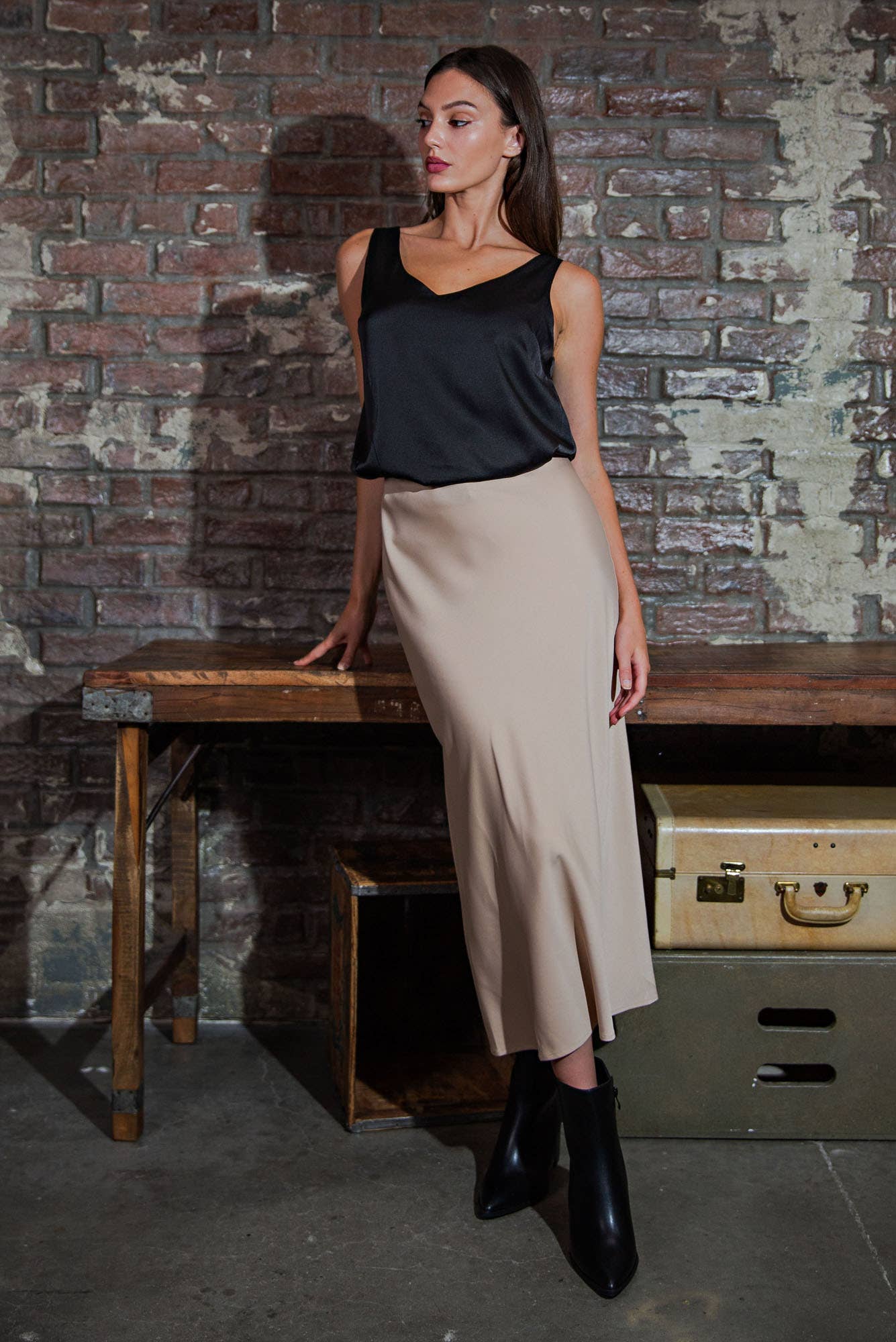 Stretch Satin Midi Skirt
