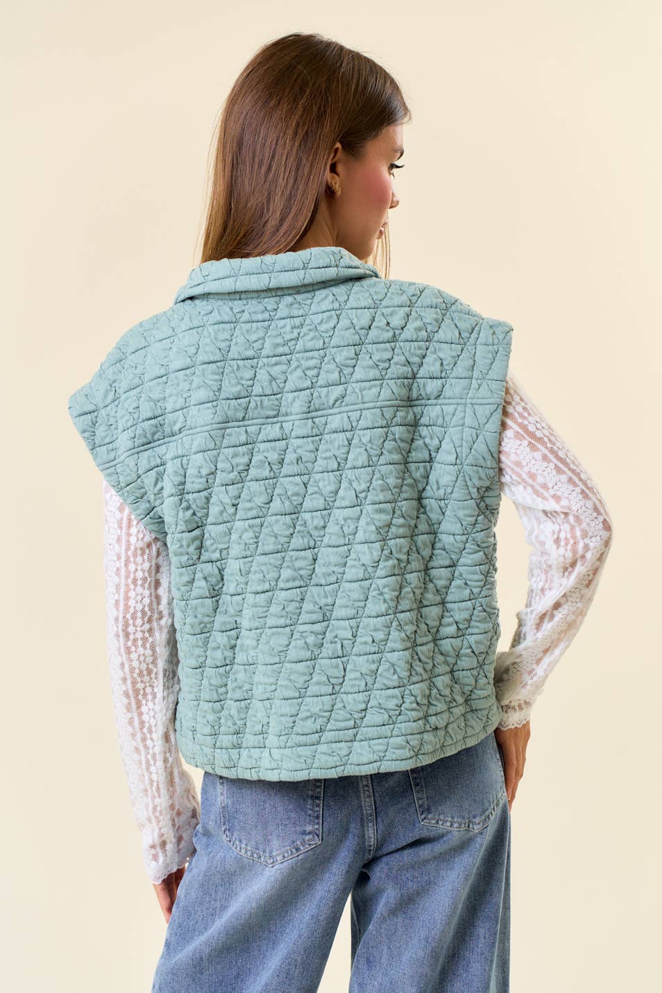 QUILTED POINT COLLAR FLAP PATCHED POCKET VEST - 10626J-1