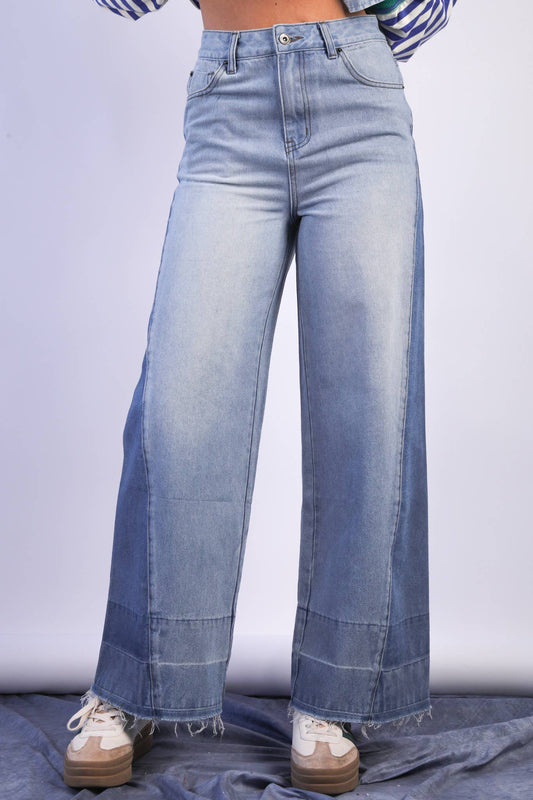 VJP90031-VERY JEAN Wide Leg Color Block Washed Denim Jean