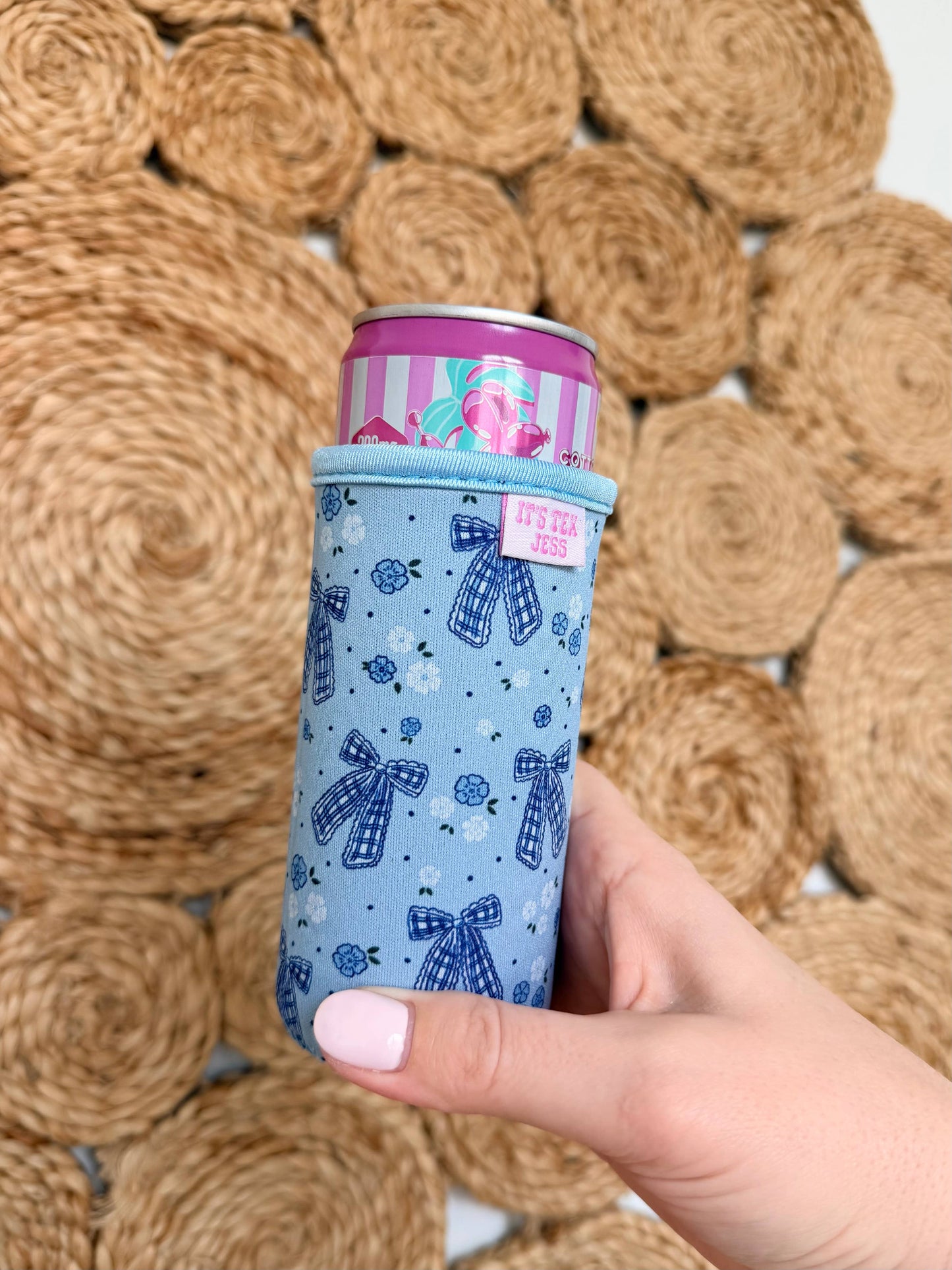 It's Tex Jess - Slim Can Sleeve-Blue Gingham Bow
