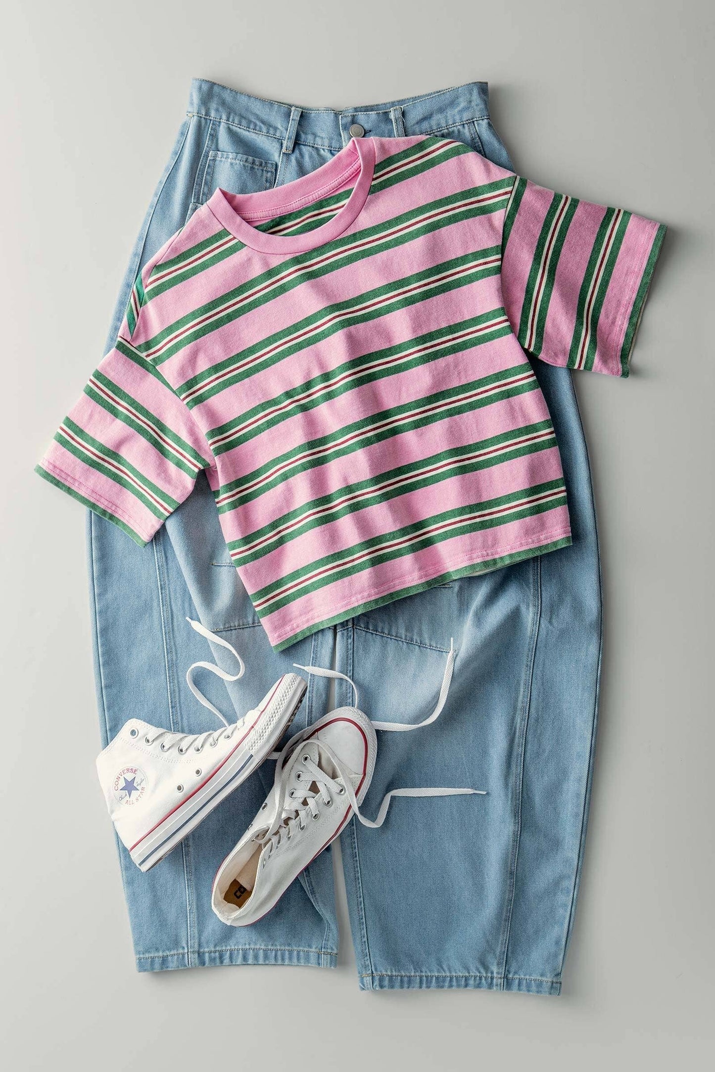 Urban Daizy - Vintage Washed Striped Cotton Crop Tee