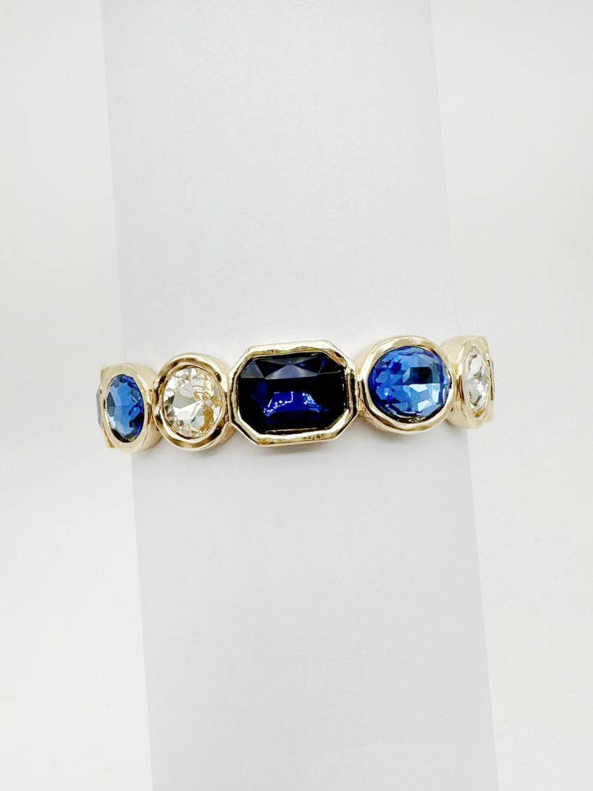 What's Hot - Gold with Blue and Clear Crystals Stretch Bracelet