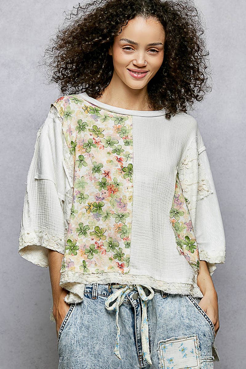 Round Neck Double Gauze Floral Woven Top