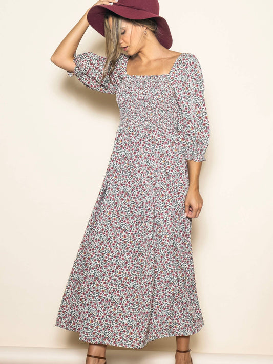 Floral Print Ruffle Detail Smocked Maxi Dress with Pockets