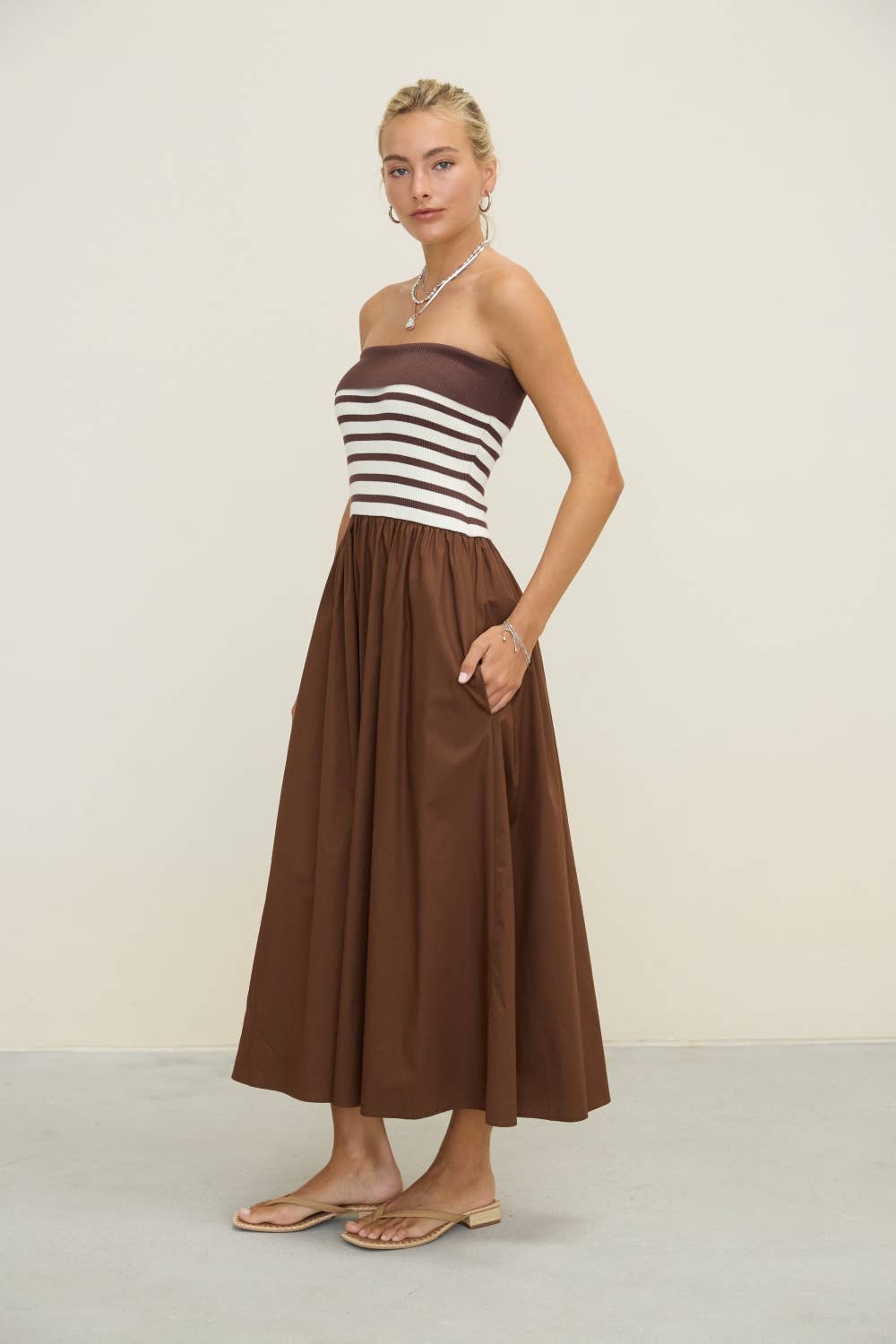 Dottie Dottié Garage - Stripe Knit Bodice Strapless Woven Skirt Midi Dress