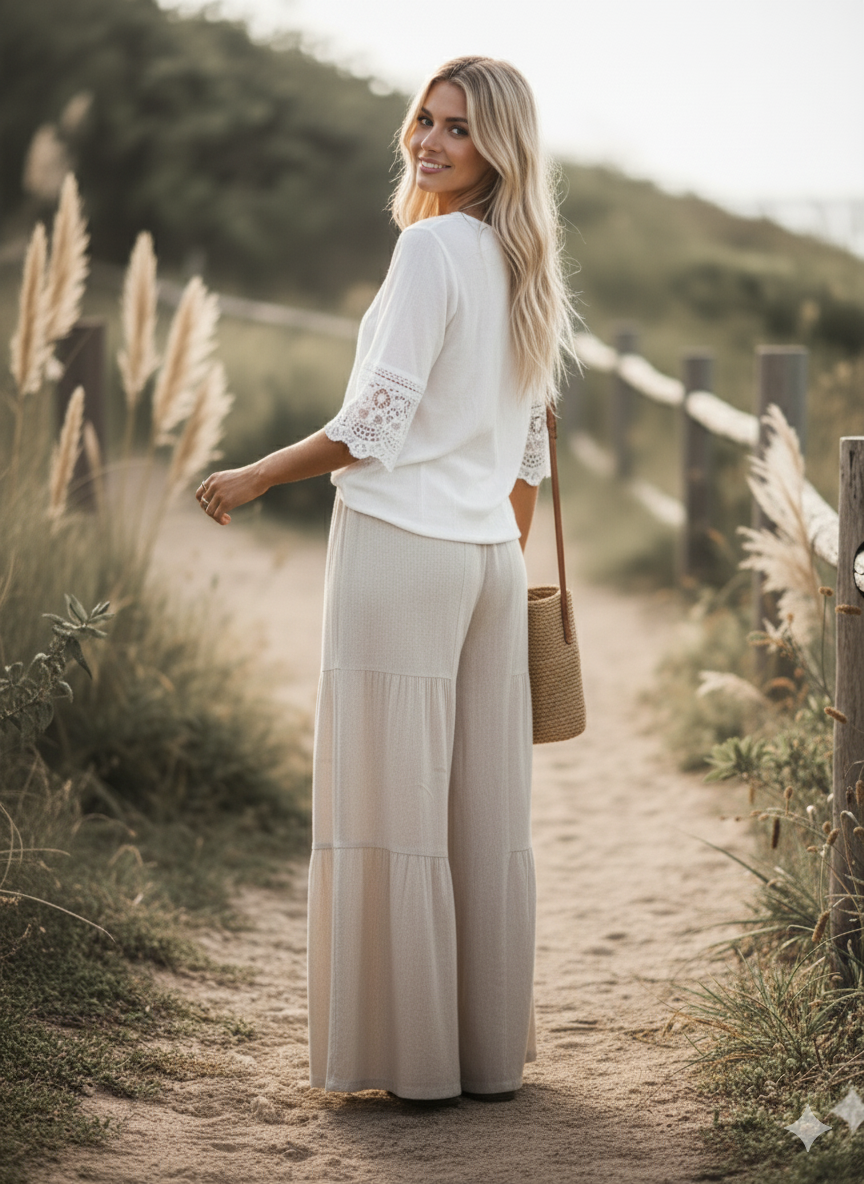 Linen Blend Tiered Wide Leg Palazzo Pants