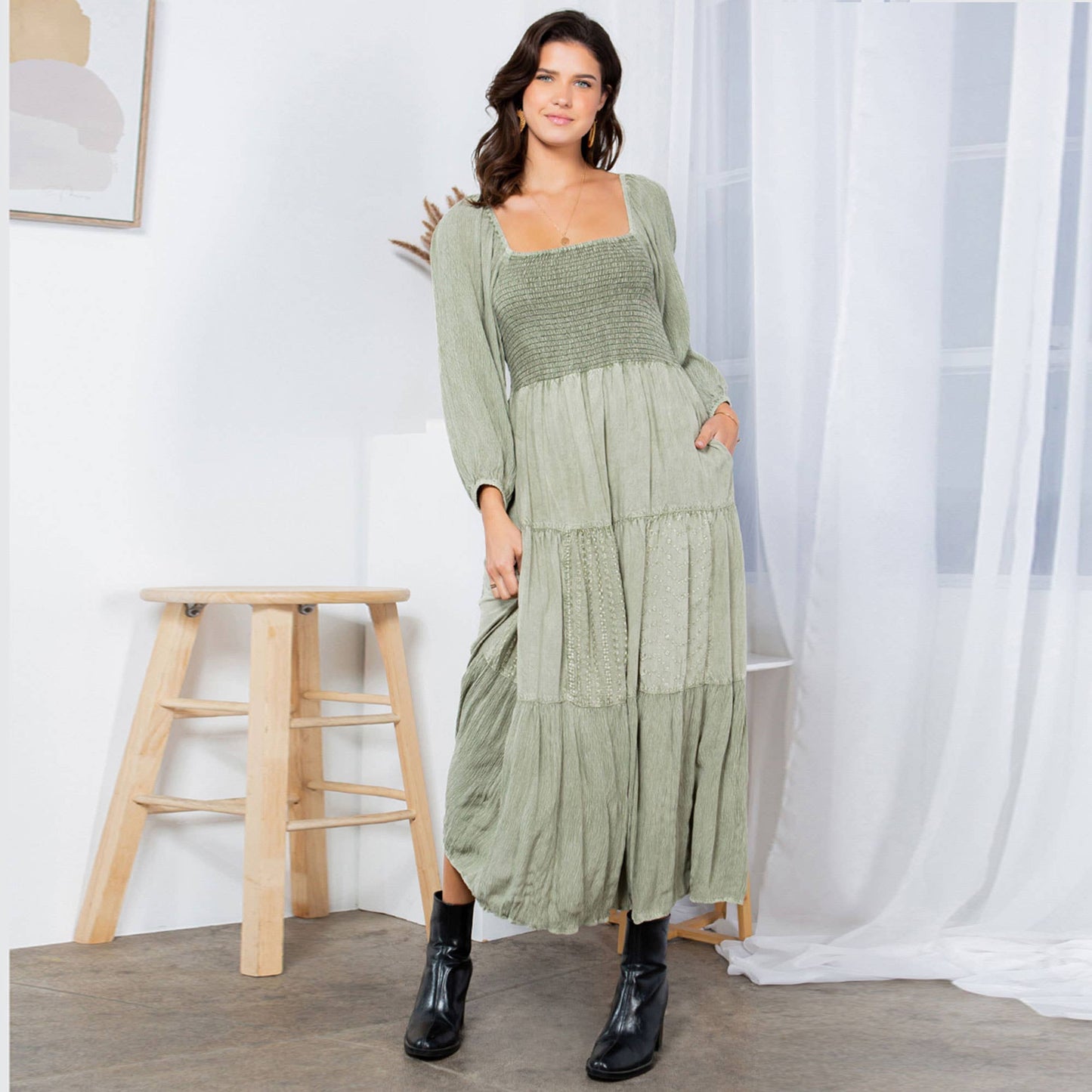 Embroidered Empire Mid-Length Dress (New Color)