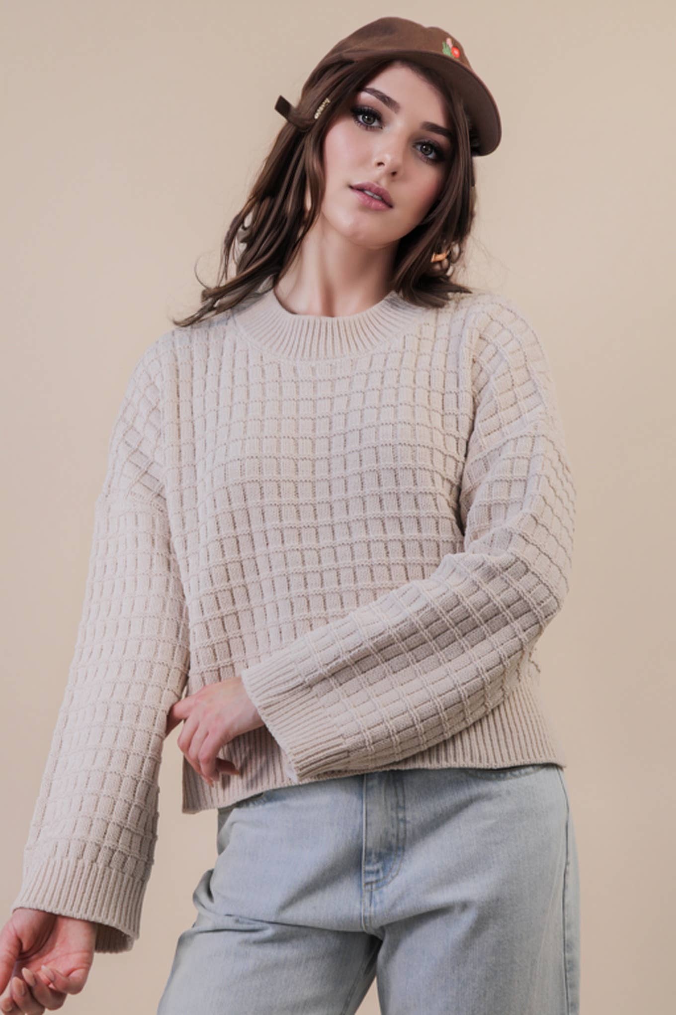 12W3518N-Oversized Textured Solid Casual Knit Sweater Top