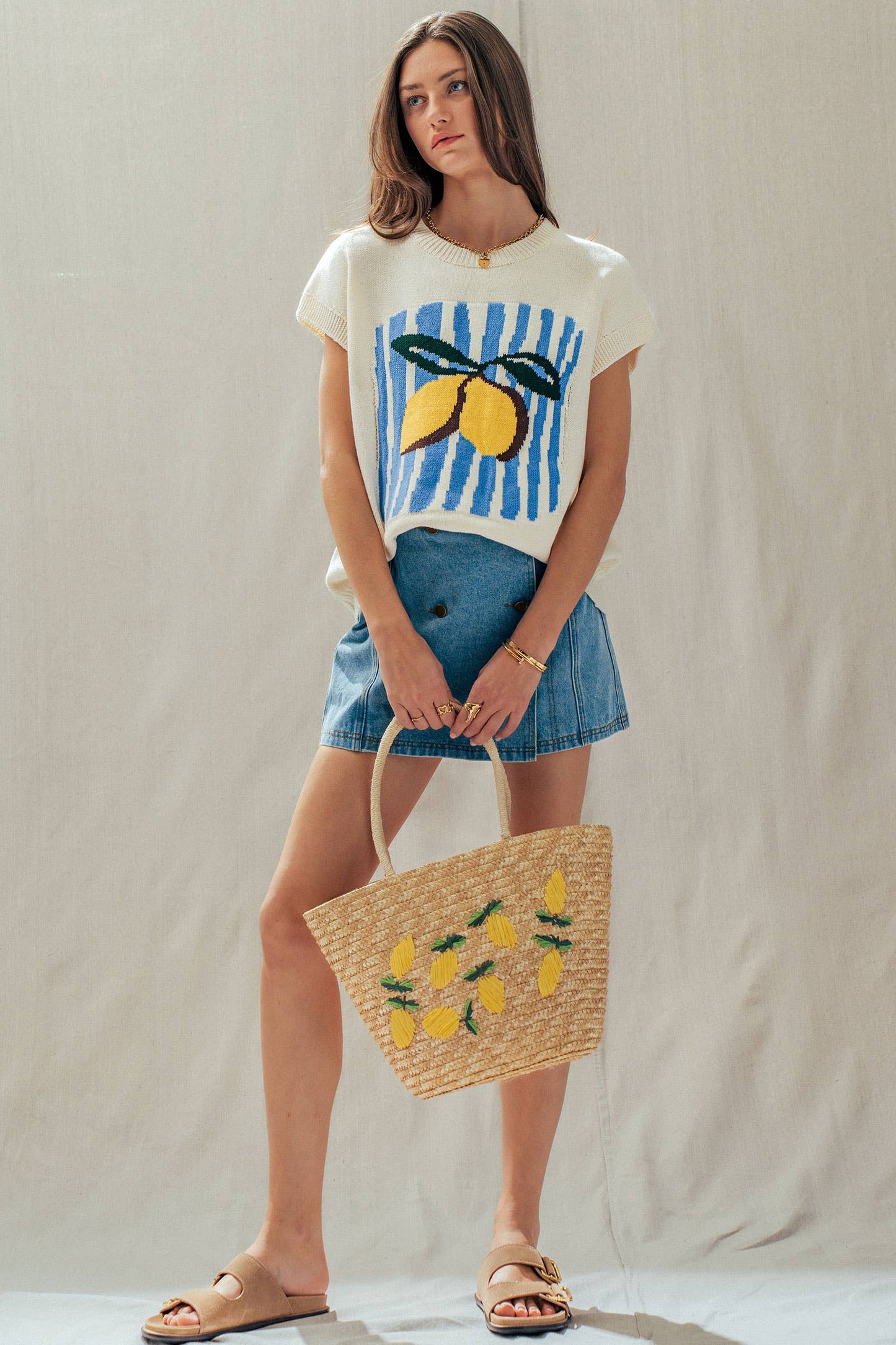 Urban Daizy - Lemon Graphic Knit Vest Citrus Print
