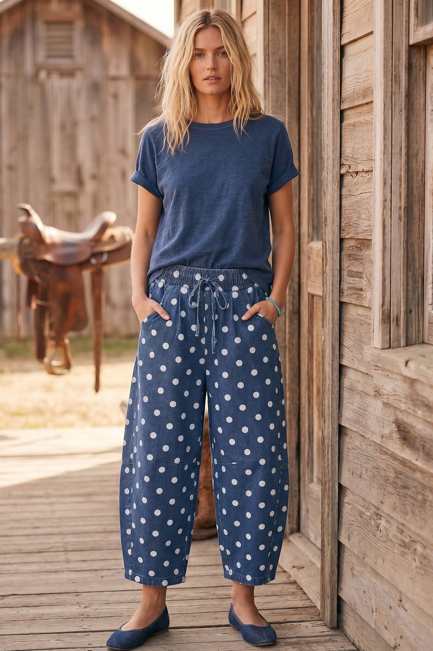 Denim Barrel Pants with dots
