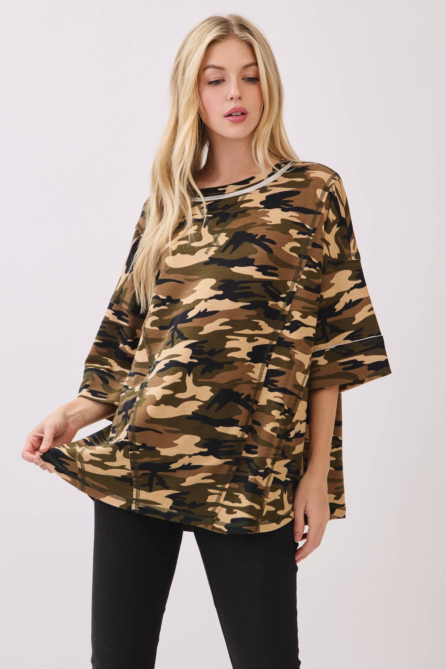 Relaxed Camo Stitch Detail Top