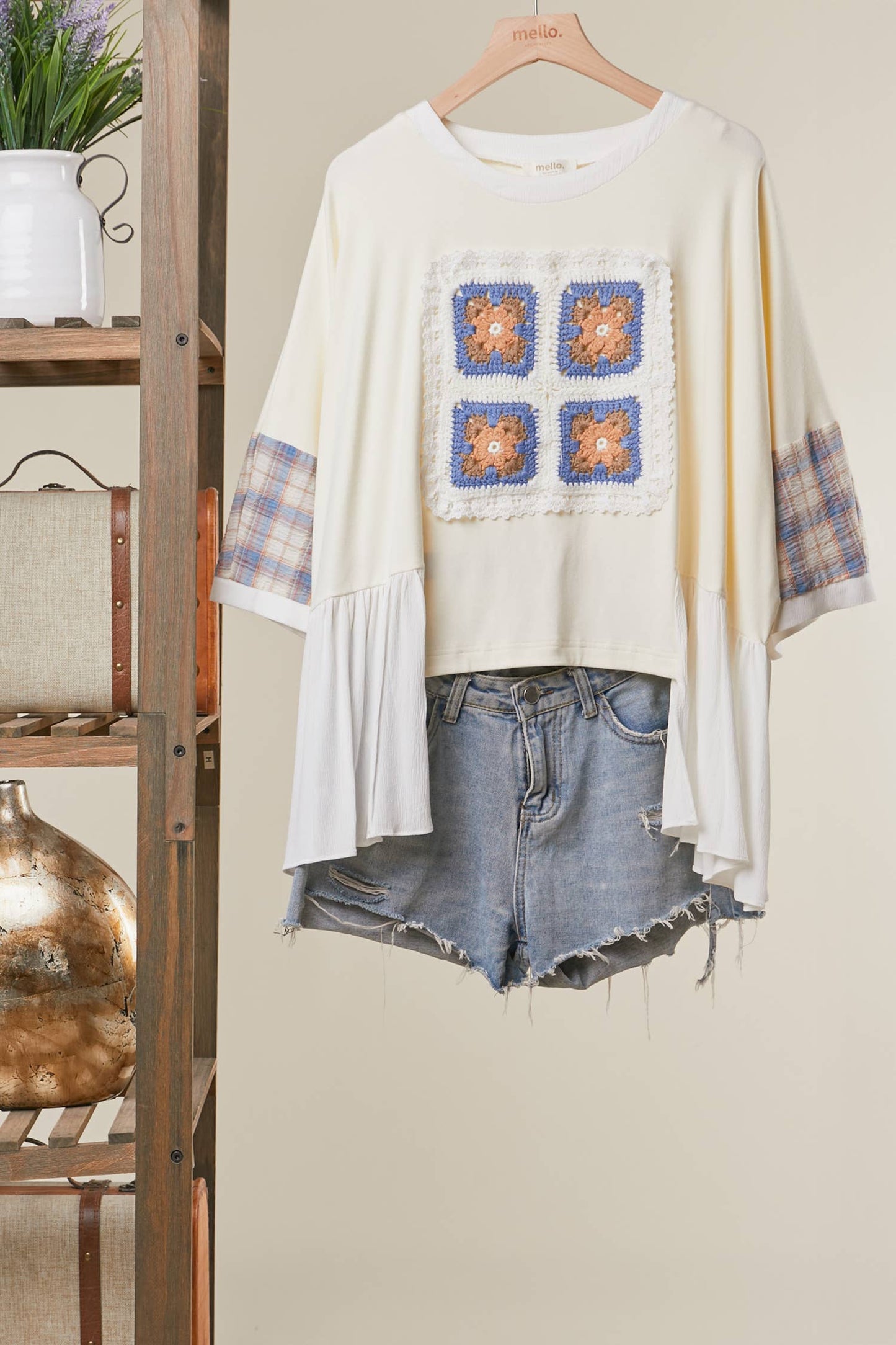 Mello. - Patchwork Motif Knit Top Sheer Layered Sleeves