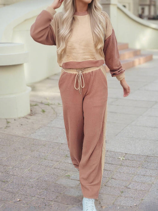 Color Block Long Sleeve Crop Top Drawstring Pant Set