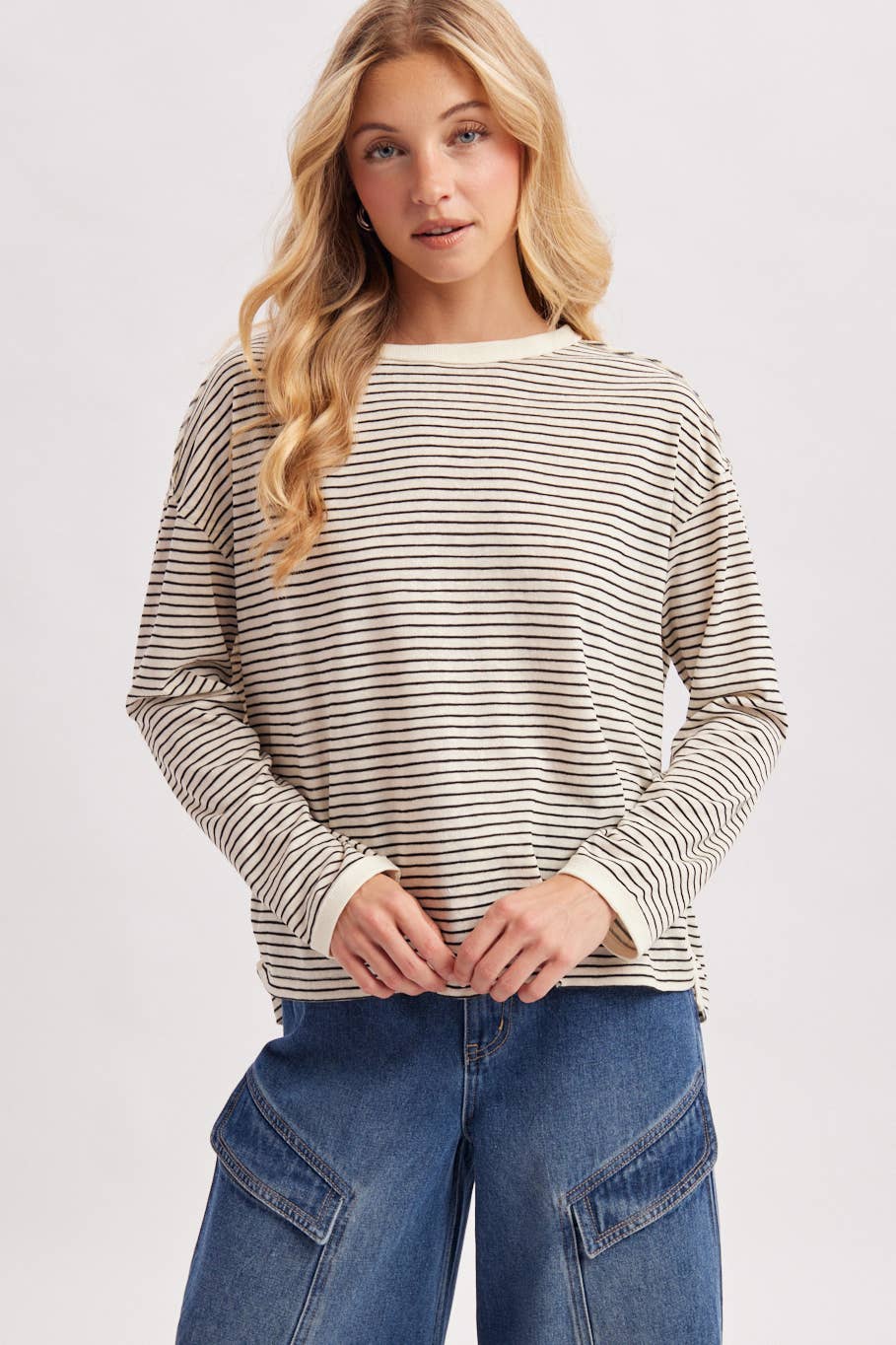 OVERSIZED BOXY STRIPED KNIT LONG SLEEVE TOP