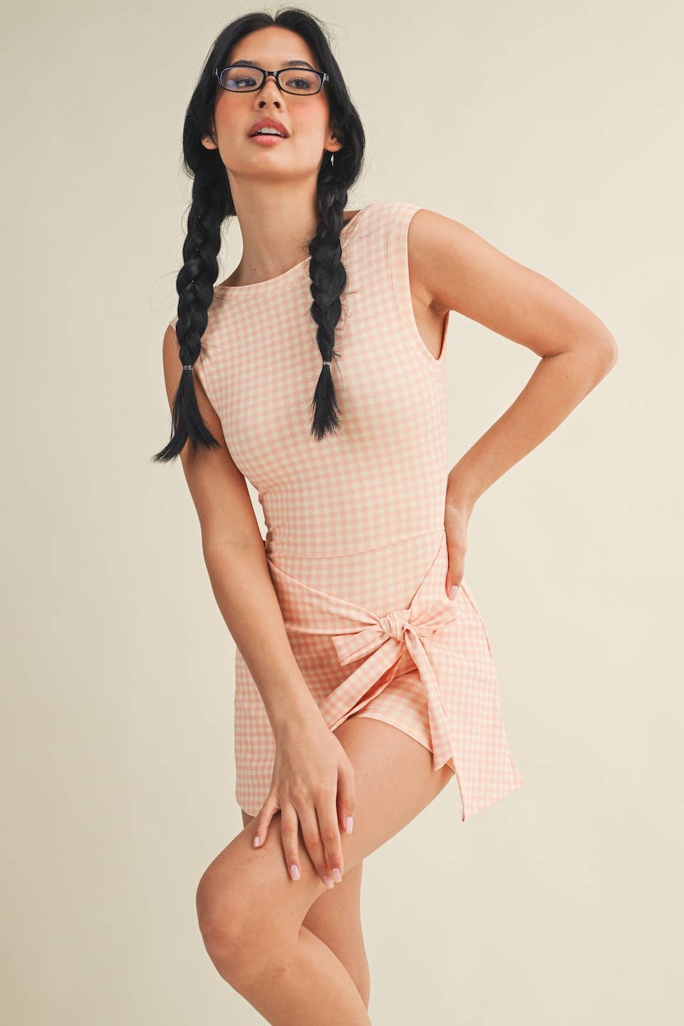 KIMBERLY C - Gingham Print Sleeveless Wrap Tie Front Dress
