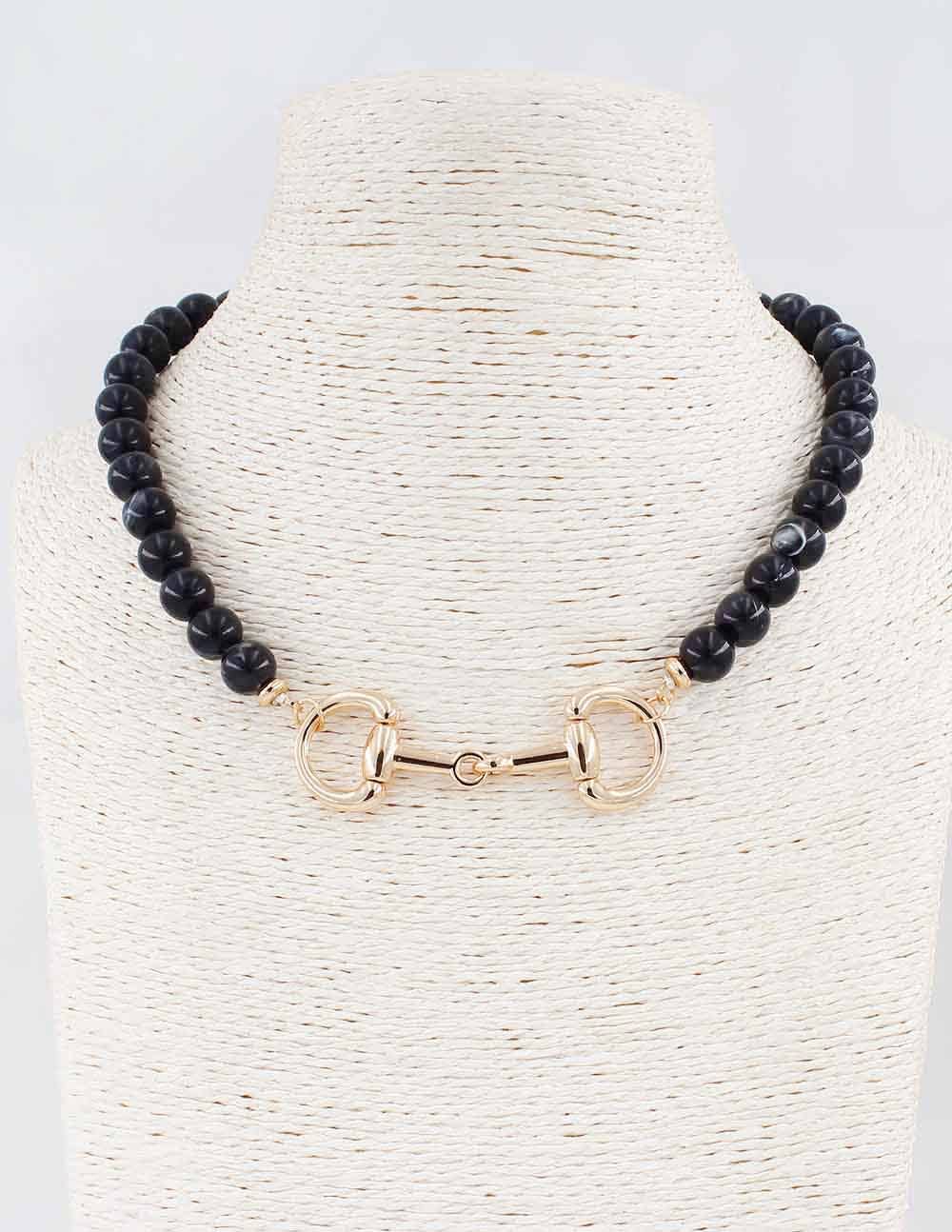 What's Hot - Black Beaded with Gold Horse Bit 16"-18" Necklace