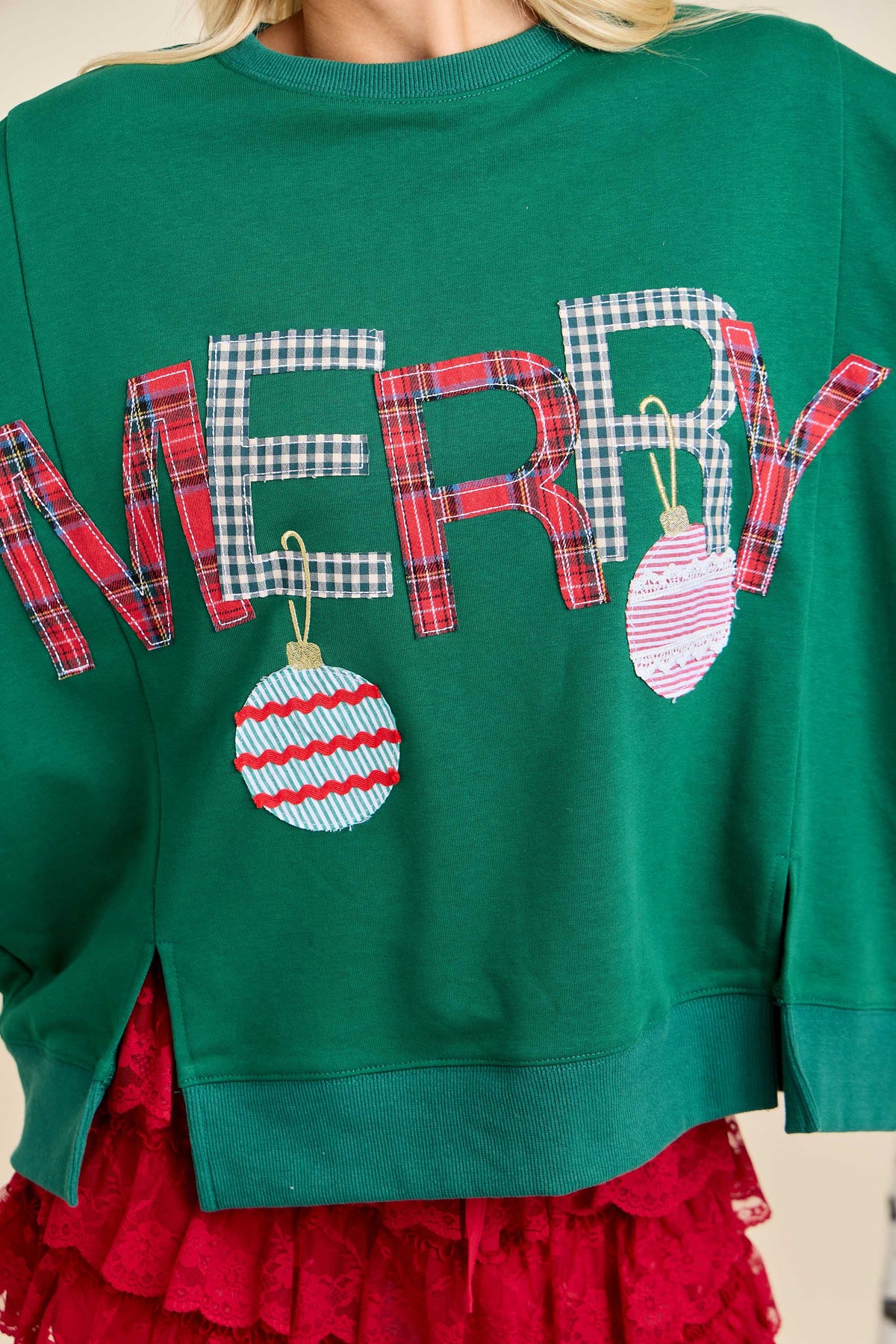 Main Strip - Merry With Ornament Patchwork Oversized Long Sleeve Top