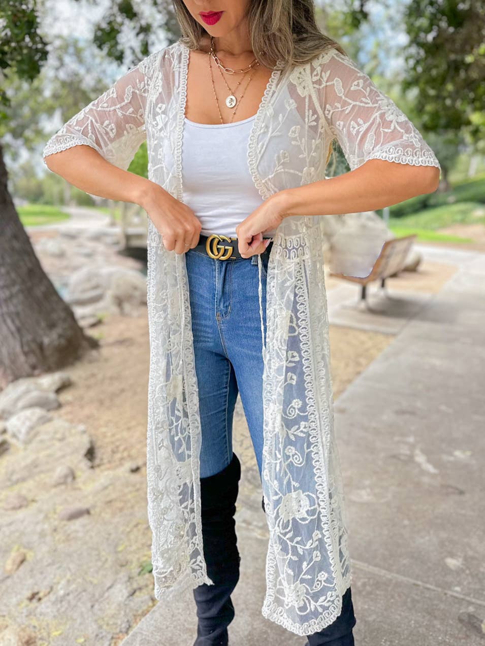 AMOLI - Ivory Boho Floral Lace Sheer Dressy Maxi Kimono Cover Up