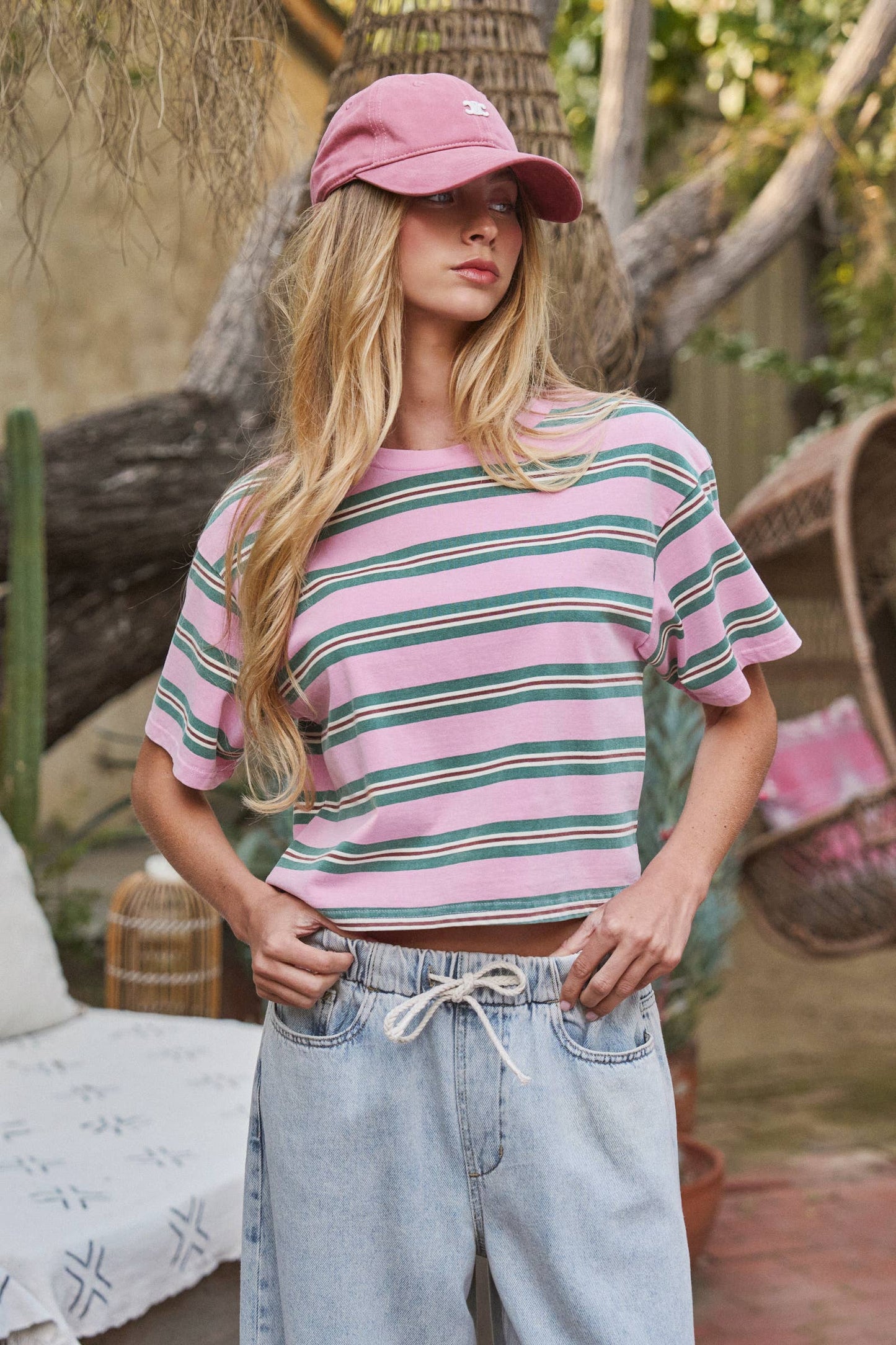 Urban Daizy - Vintage Washed Striped Cotton Crop Tee
