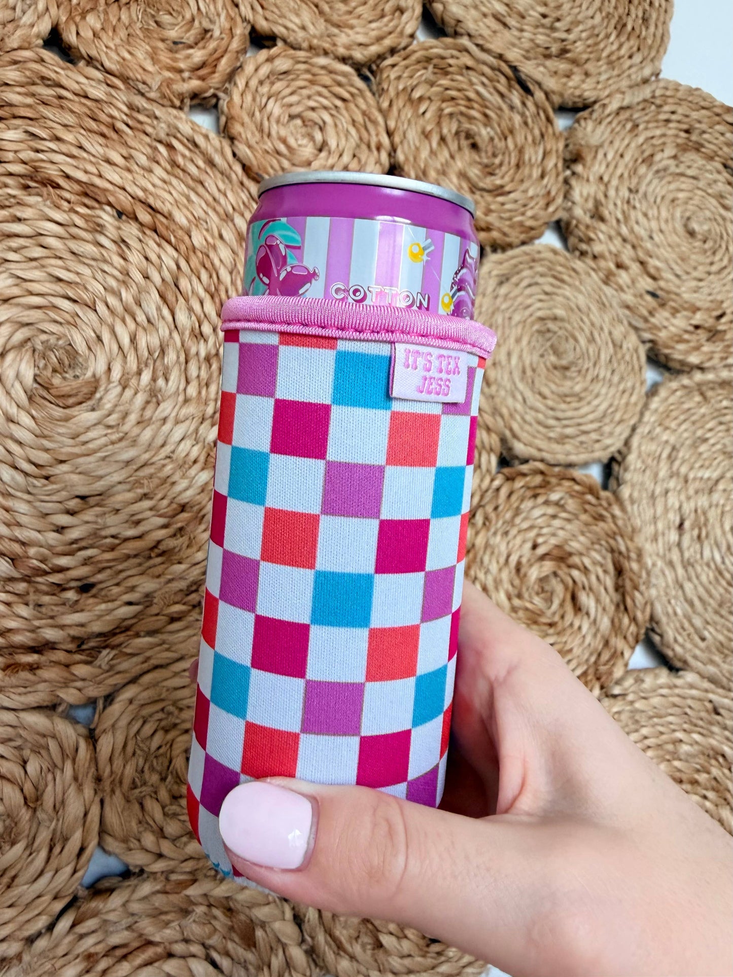 It's Tex Jess - Slim Can Sleeve-Colorful Checkered