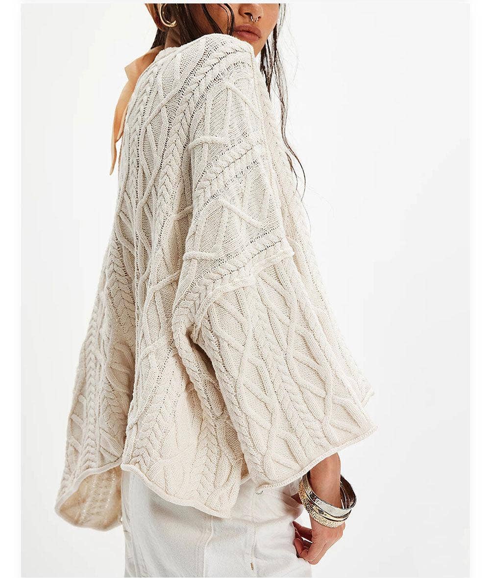 Chunky Cable Knit Crop Sweater–Loose Boho Crewneck Pullover
