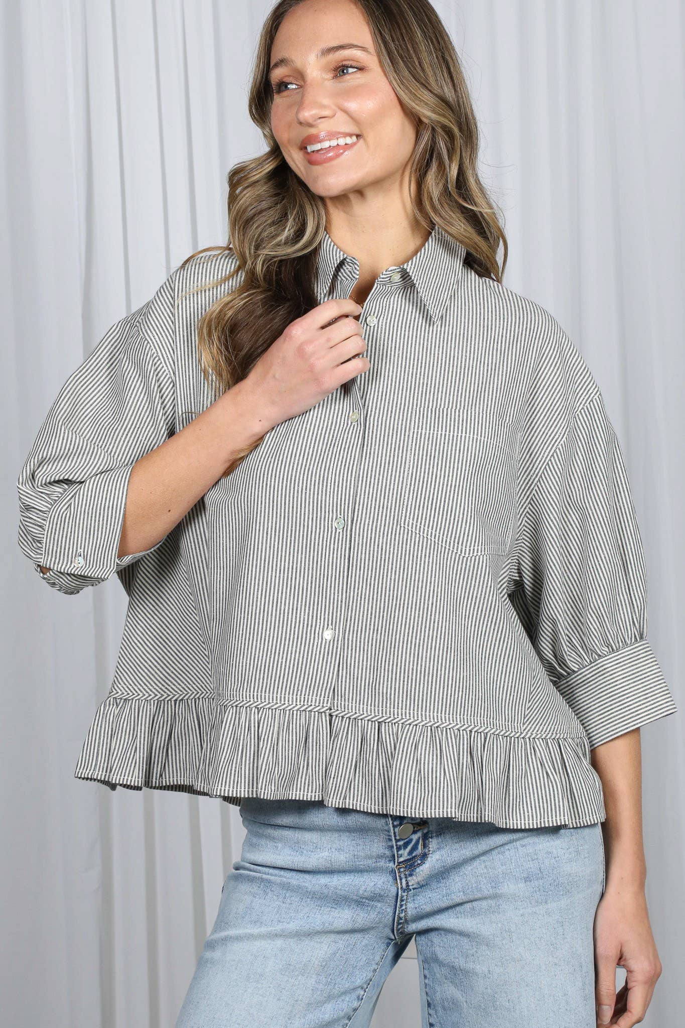 Pocket Detail Ruffle Hem 100%Cotton Striped Shirt VT82772A