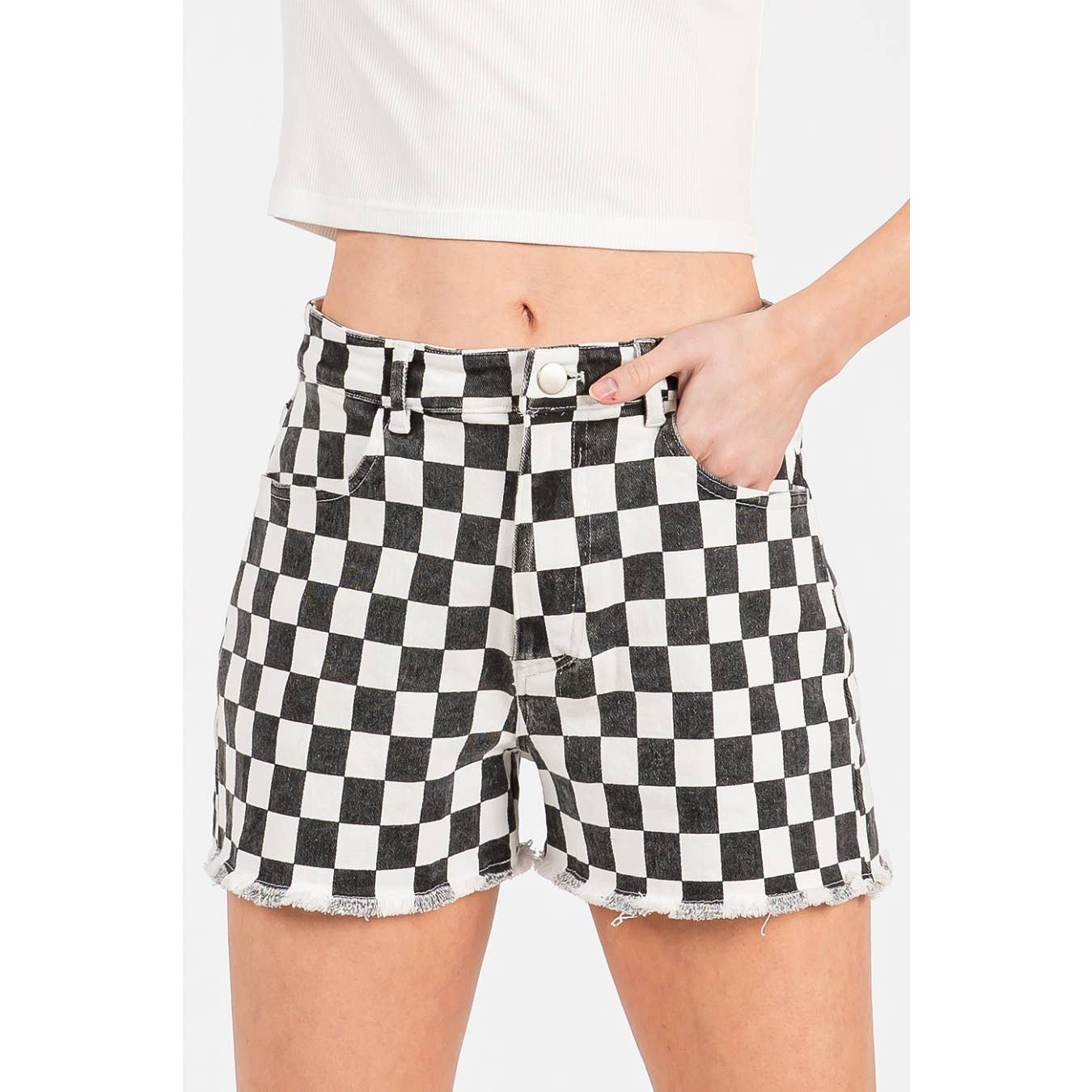 GAME DAY CHECKERED FRAYED HEM CASUAL SHORTS