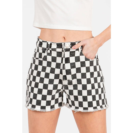 GAME DAY CHECKERED FRAYED HEM CASUAL SHORTS