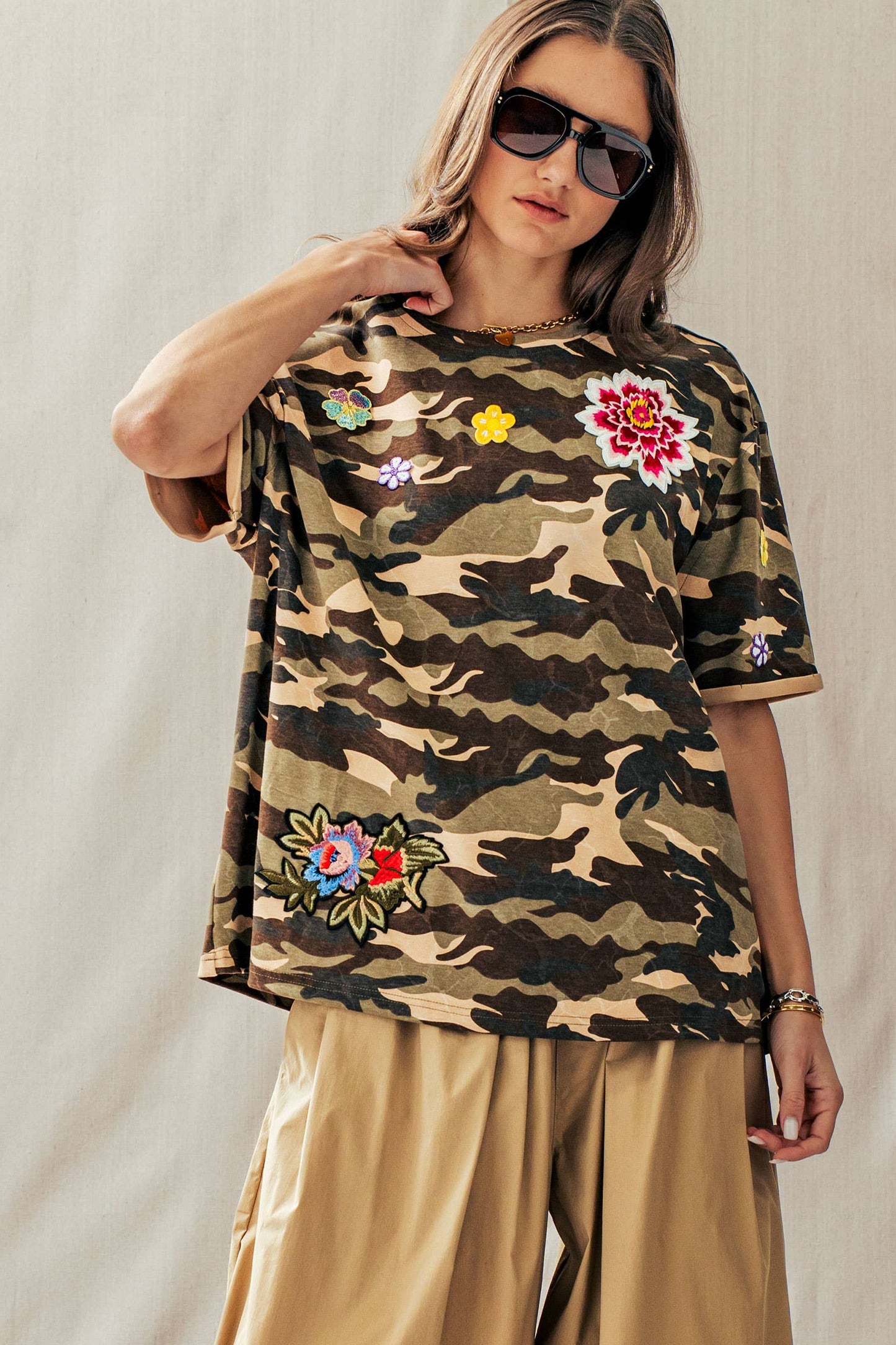 Camo Floral Patch Oversized Cotton Tee