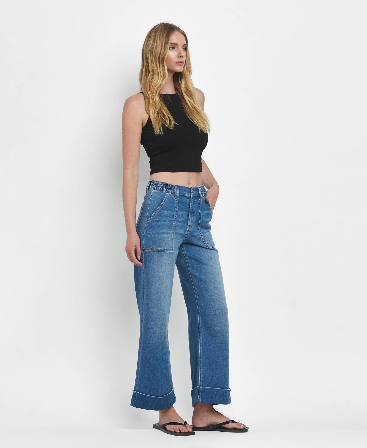 HIGH RISE DOUBLE CUFFED BAGGY WIDE JEANS V3589
