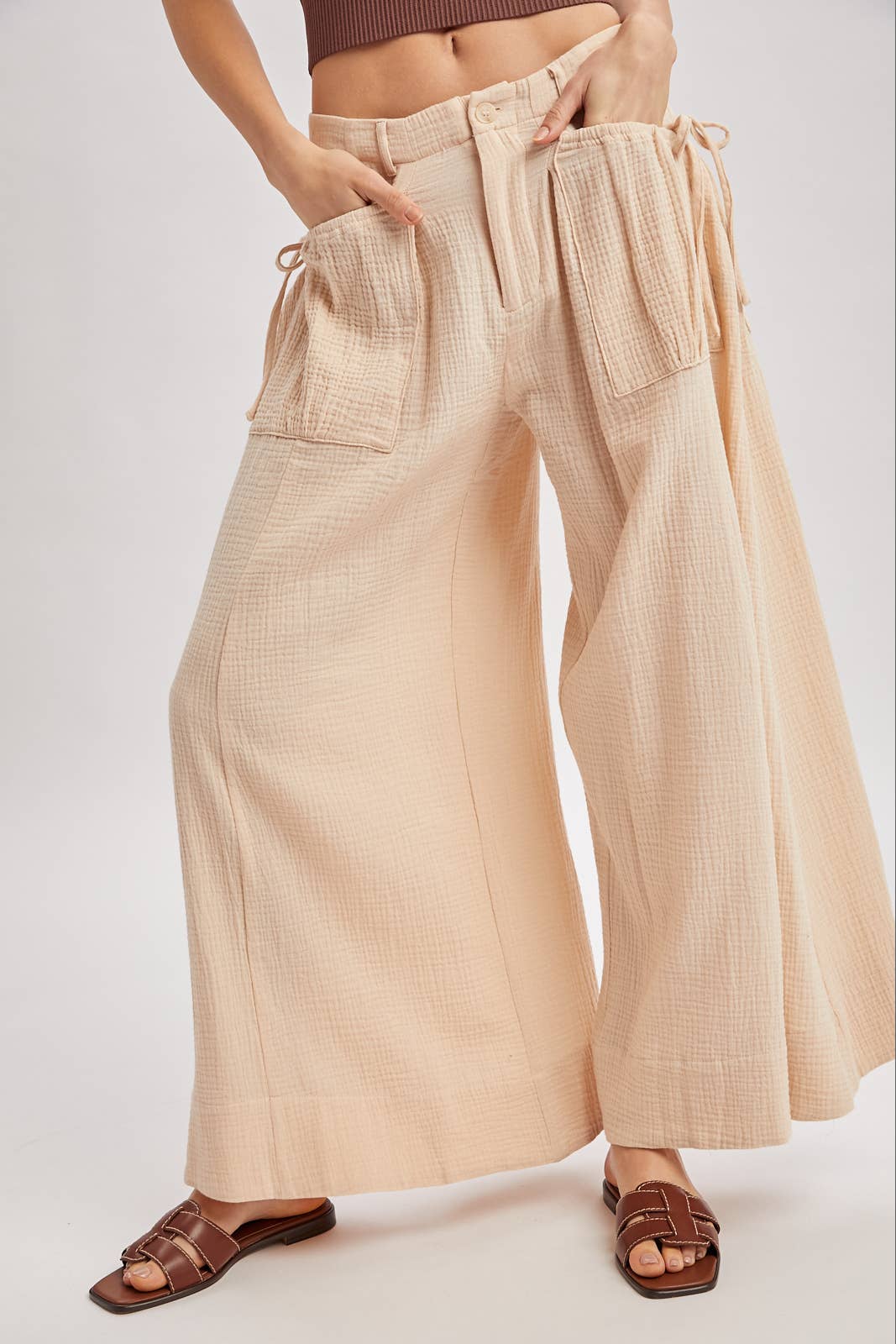 Bluivy - DRAWSTRING PATCH POCKETS WIDE LEG PANTS