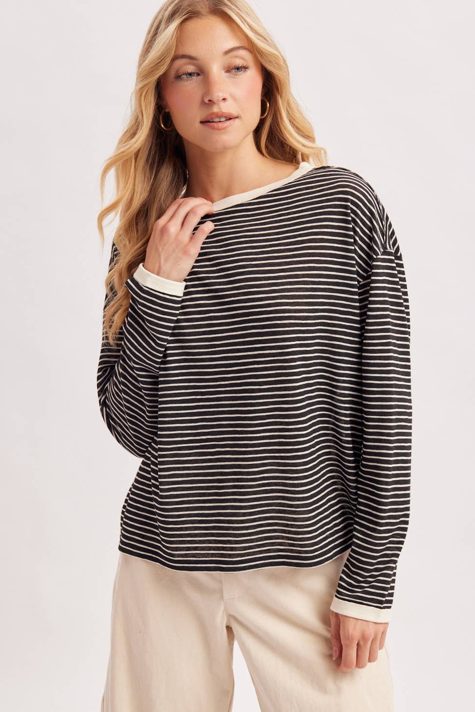 OVERSIZED BOXY STRIPED KNIT LONG SLEEVE TOP