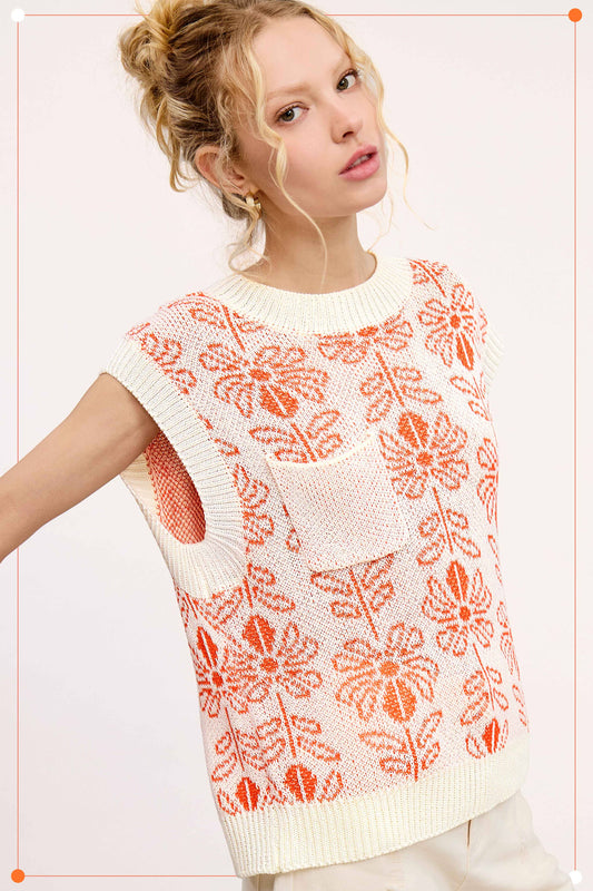 MCS3587-Floral Pattern Sleeveless Sweater Vest Top
