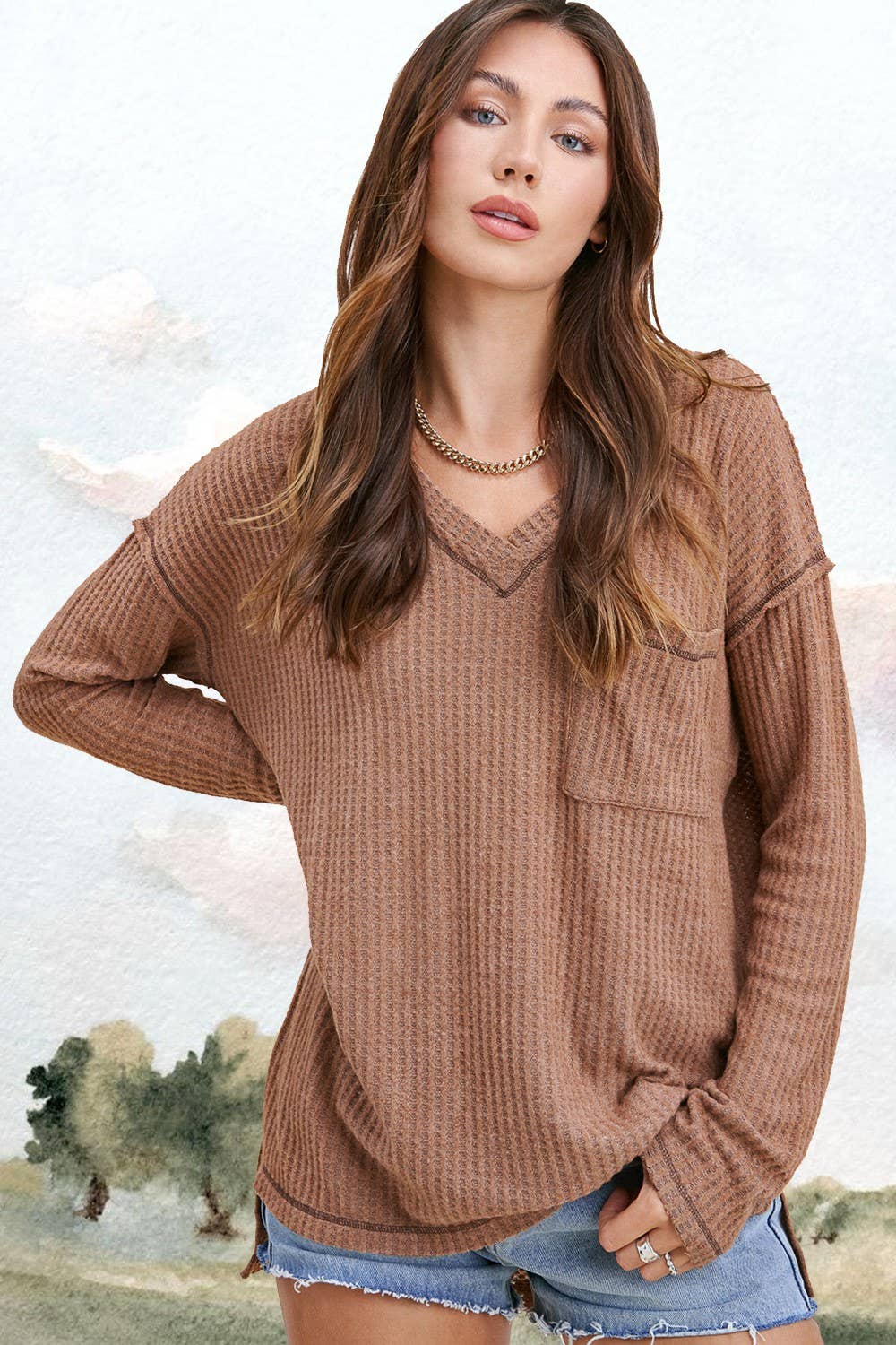 JAT7555-Stretchy Brushed Waffle V-neck Long Sleeve Top