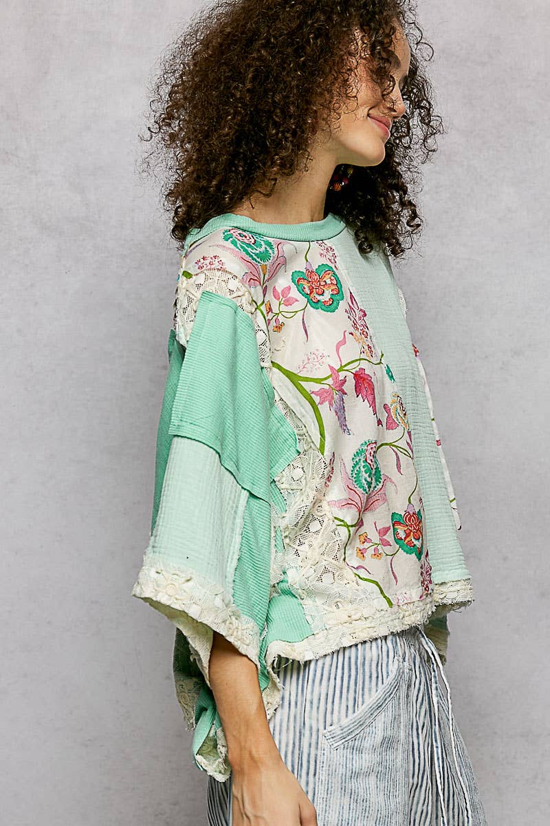 Round Neck Double Gauze Floral Woven Top
