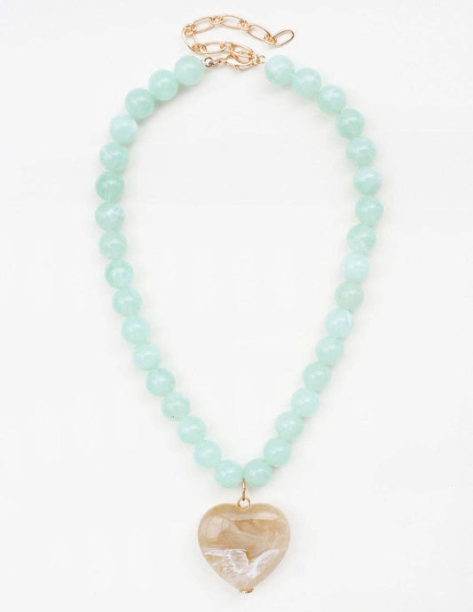 What's Hot - Mint Stone Circle with Tan Natural Stone Heart Charm 16"-18" Necklace
