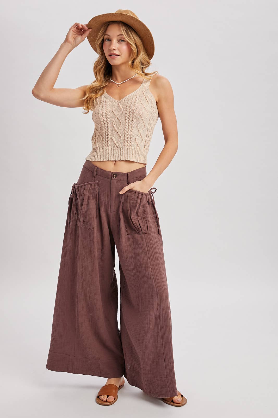 Bluivy - DRAWSTRING PATCH POCKETS WIDE LEG PANTS