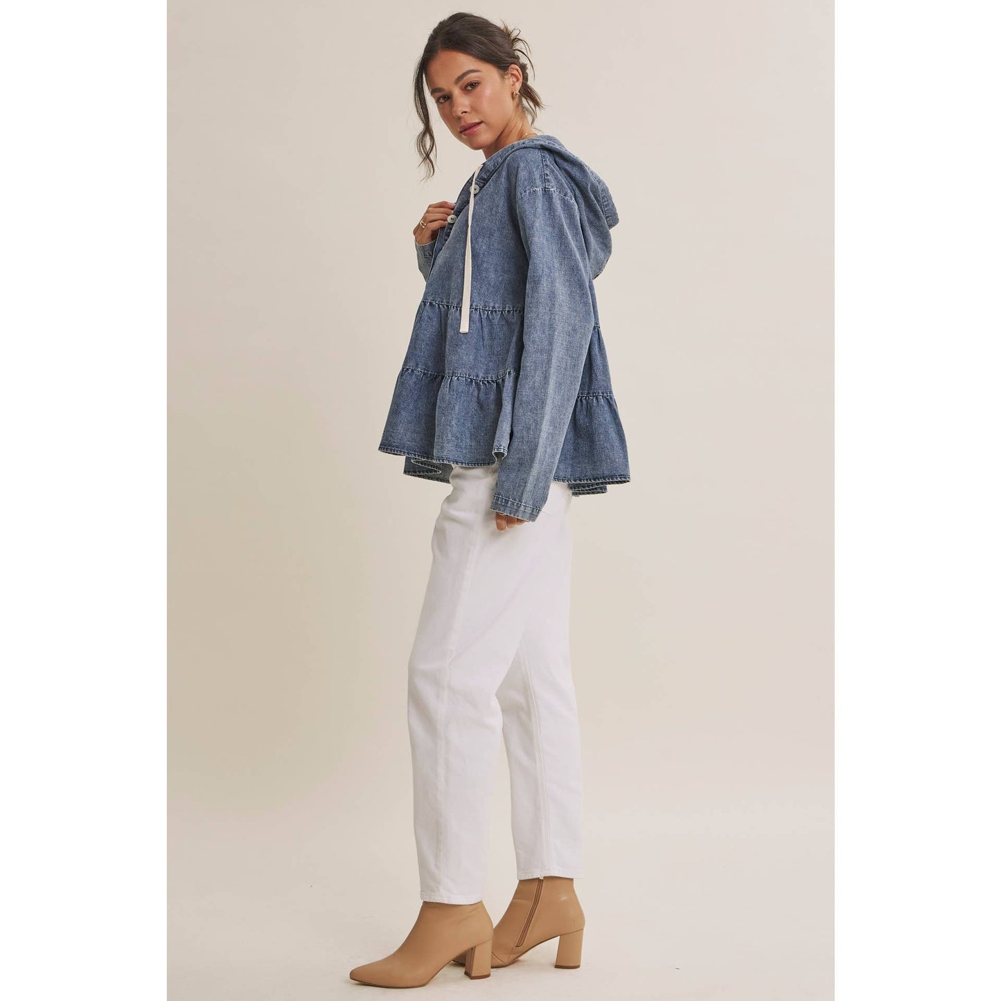 in february - DUSTY ROAD MINERAL-WASHED HOODED TIERED RUFFLES DENIM TOP