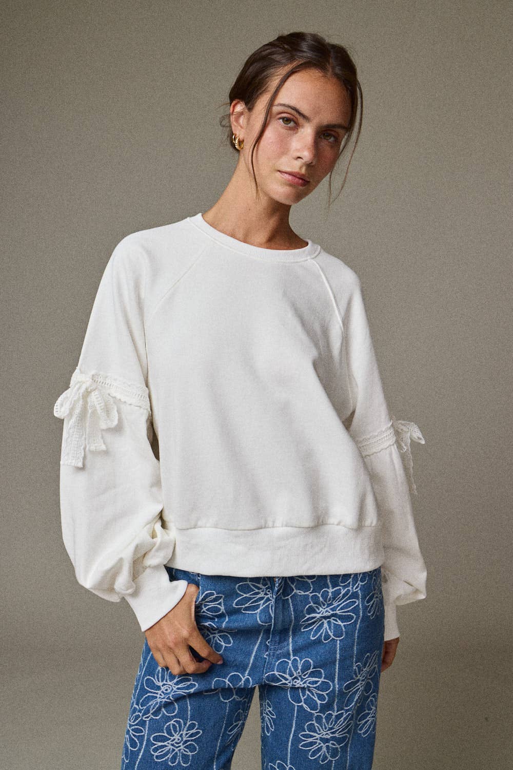 PT18996 - Bow Sleeve Sweatshirt- Lace Trim Detail