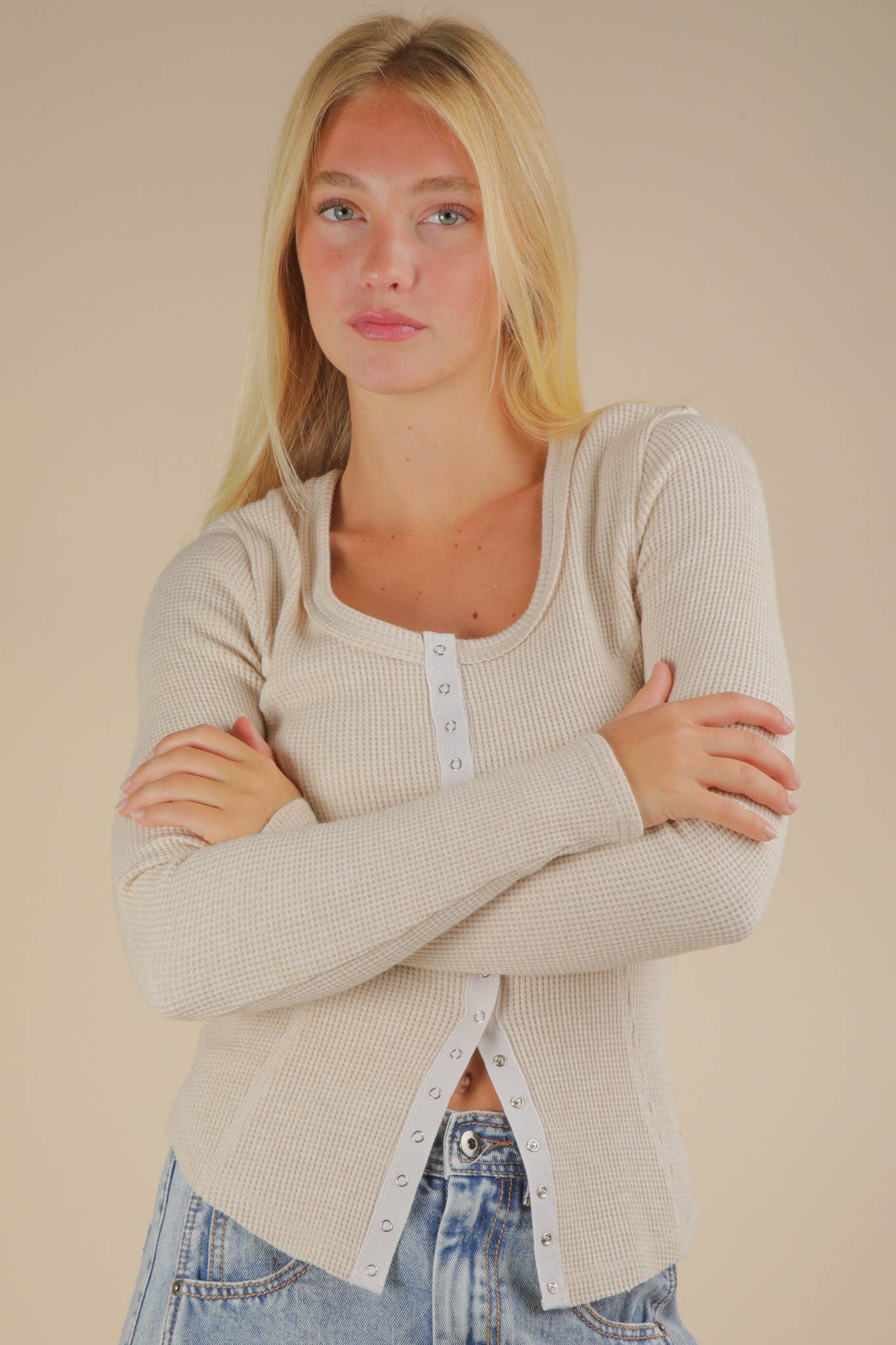 NT12243-Button Down Fitted Knit Casual Top