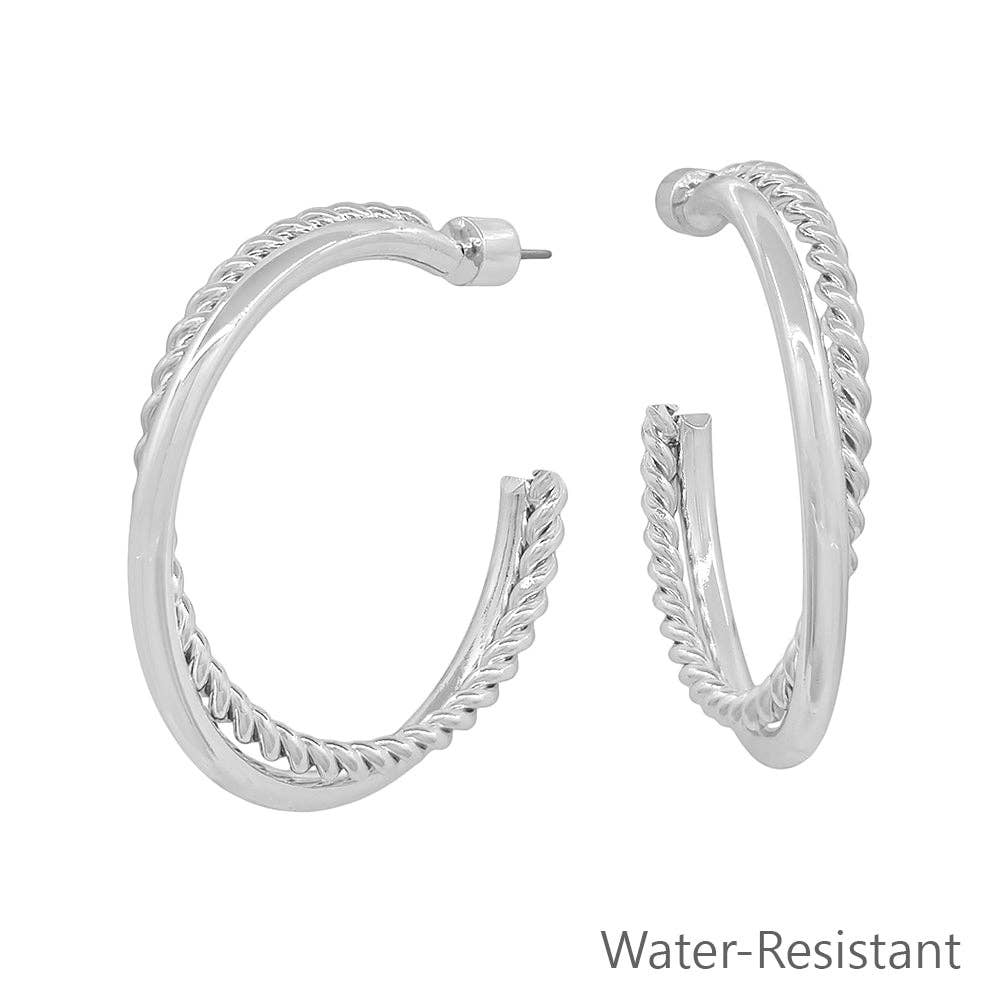 What's Hot - Water Resistant 1.5" Braided Silver Hoop Twist Earring