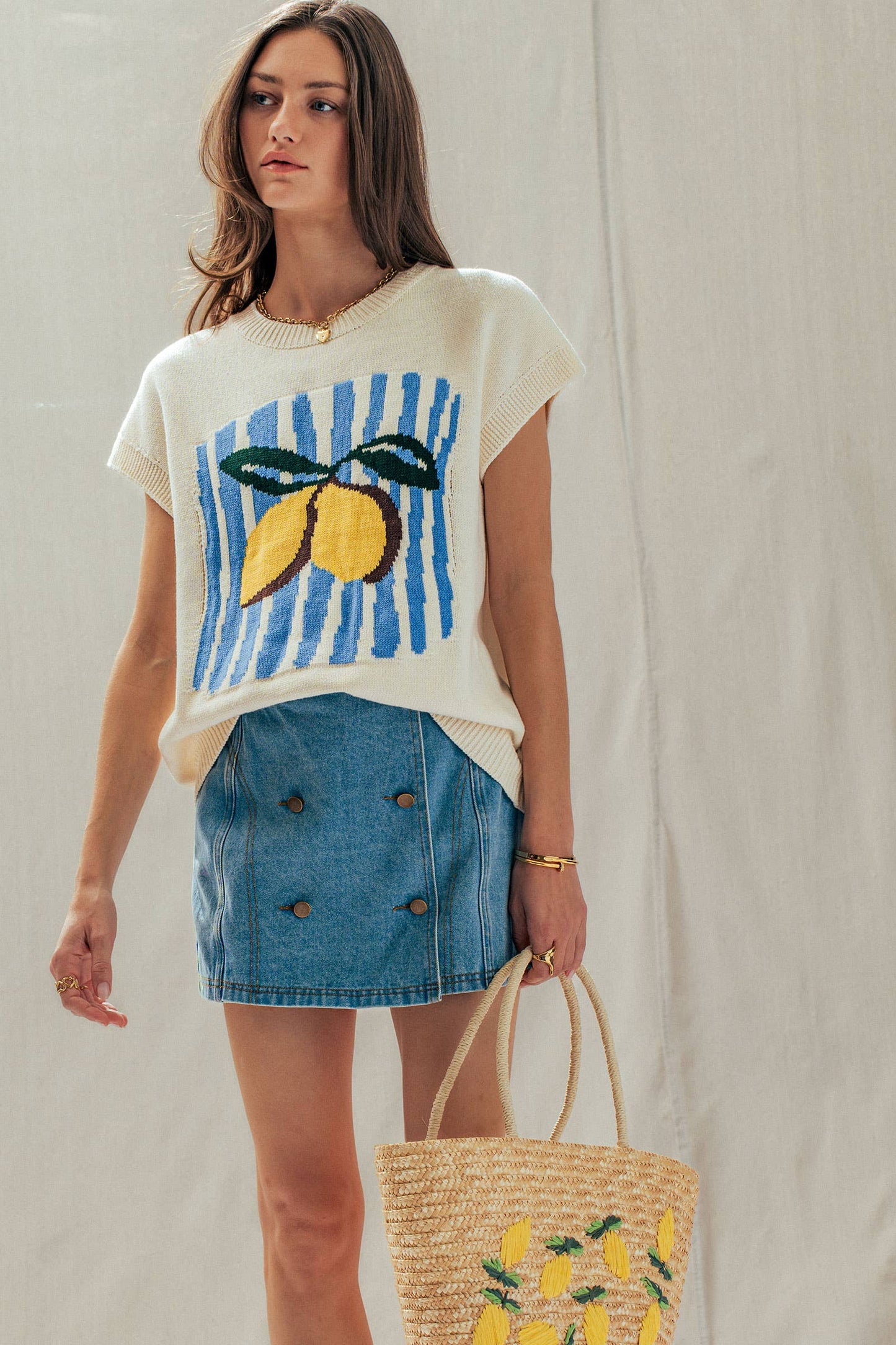 Urban Daizy - Lemon Graphic Knit Vest Citrus Print