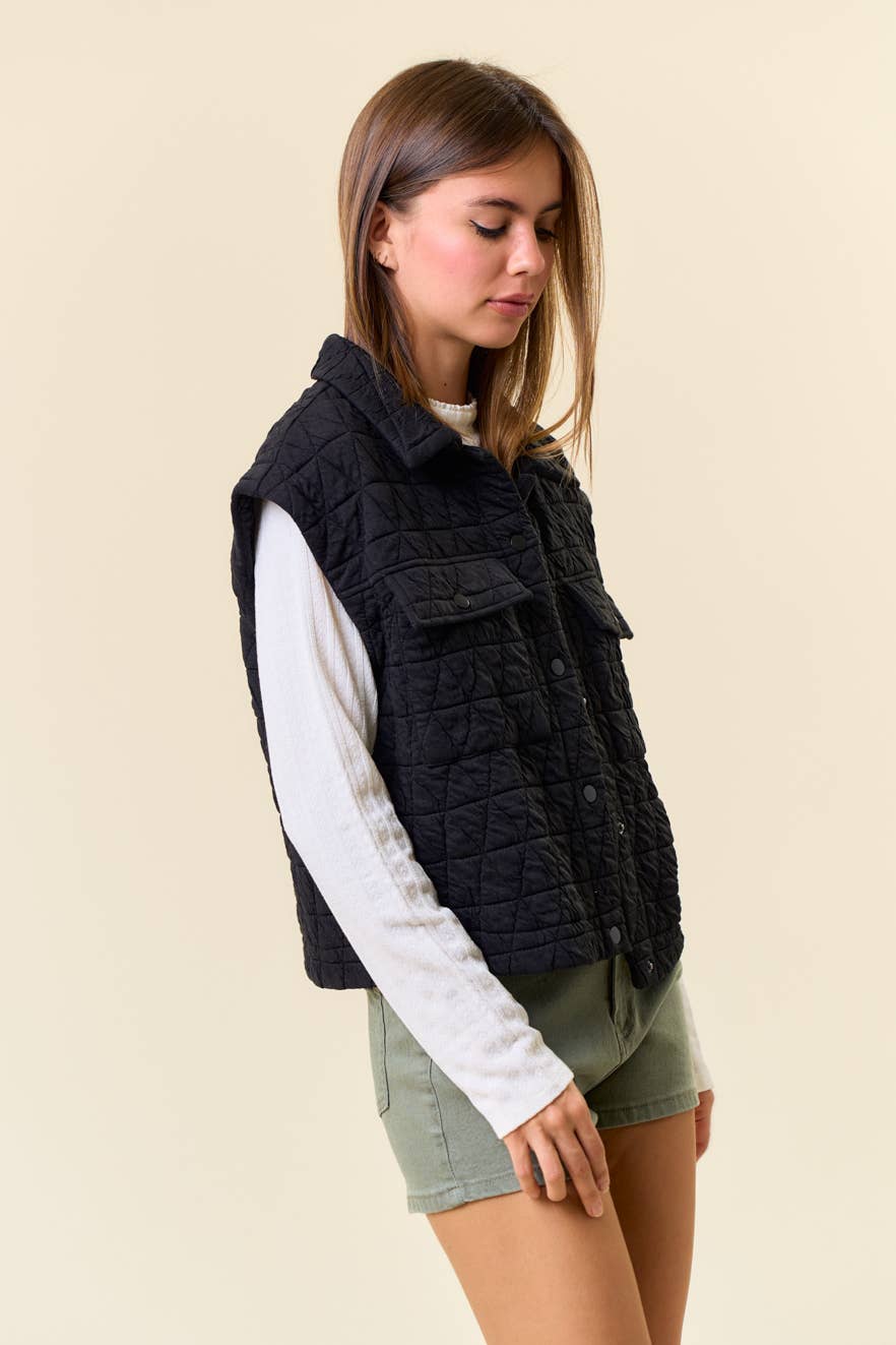 QUILTED POINT COLLAR FLAP PATCHED POCKET VEST - 10626J-1