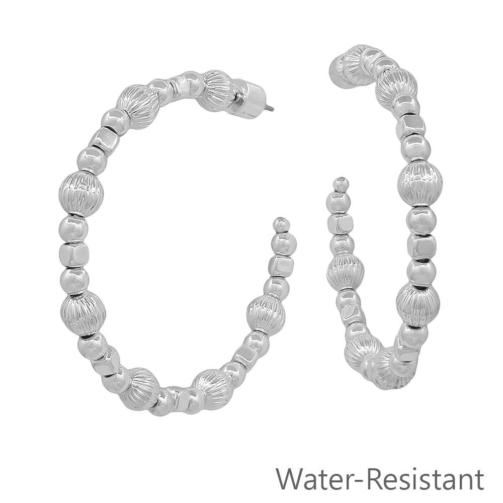 What's Hot - Water Resistant Graduated Silver Bead 2" Hoop Earring
