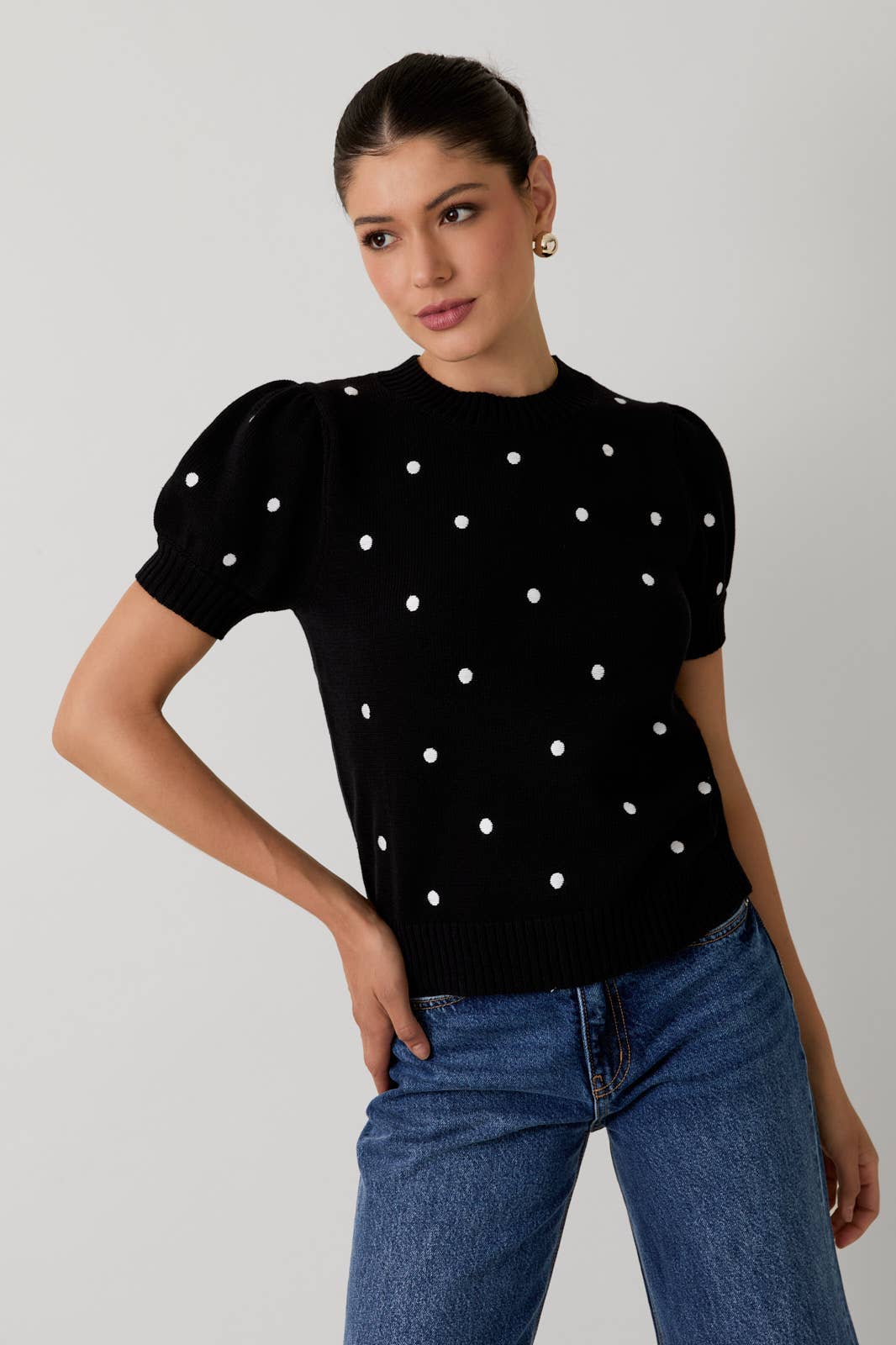 Sunday Edition - ROUND NECK PUFF SHORT SLEEVE "POLKA DOT" EMBROIDERED SWEATER