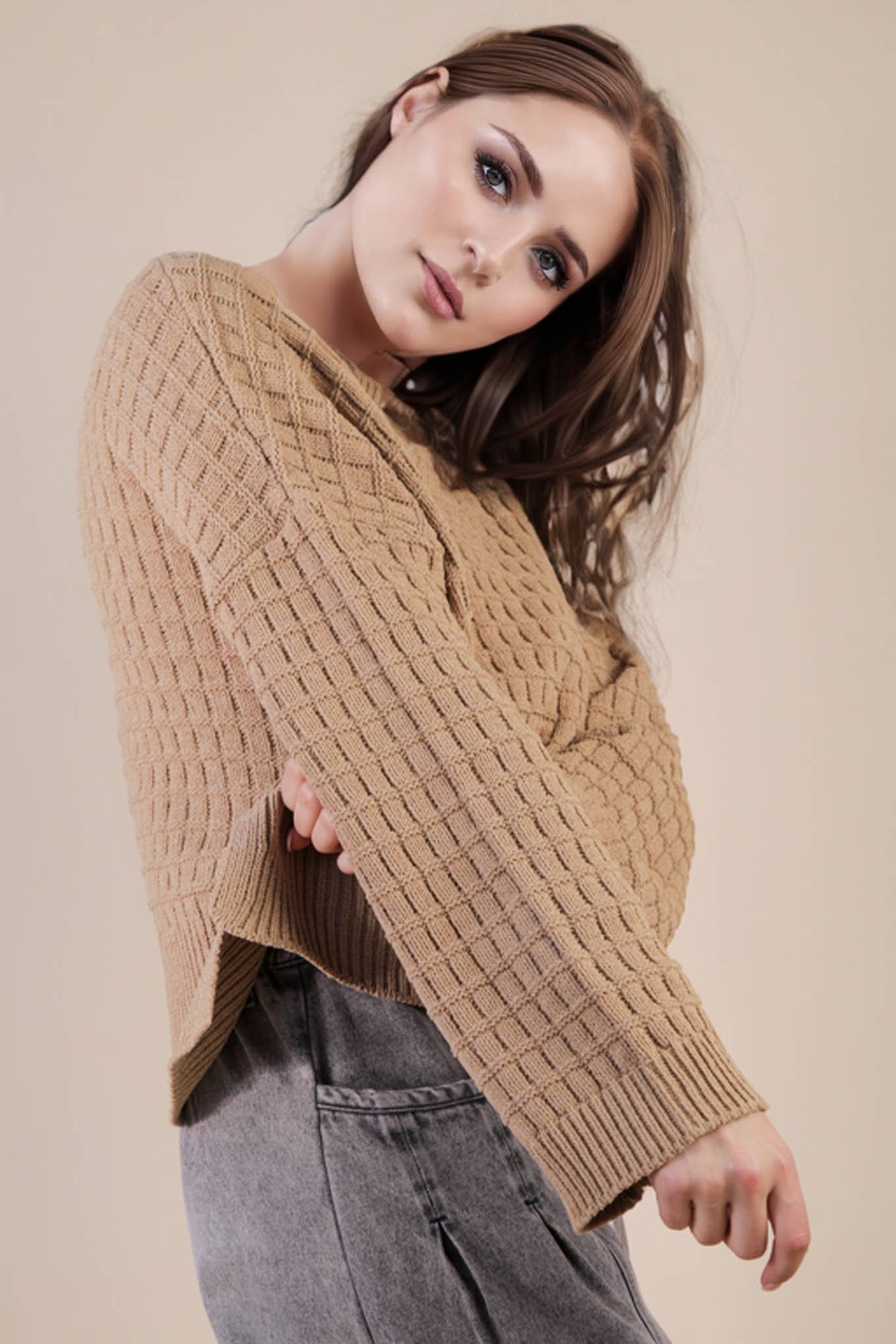 12W3518N-Oversized Textured Solid Casual Knit Sweater Top