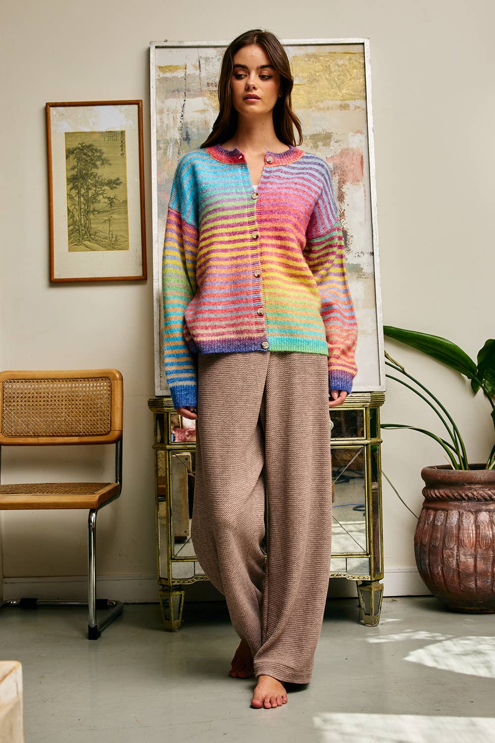 BUCKETLIST INC - IT3002 Space-Dye Striped Button-Down Cardigan