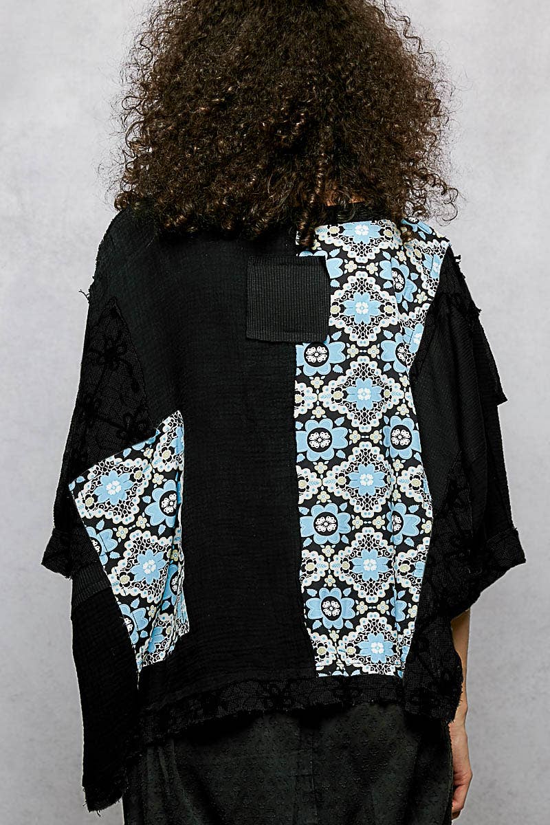 Round Neck Double Gauze Floral Woven Top